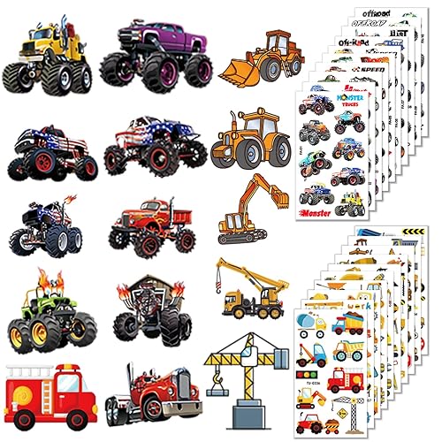 Camiones monstruos y camiones de construcción (20 hojas), excavadora de vehículos, tatuajes temporales para niños, niños y niñas, fiesta de