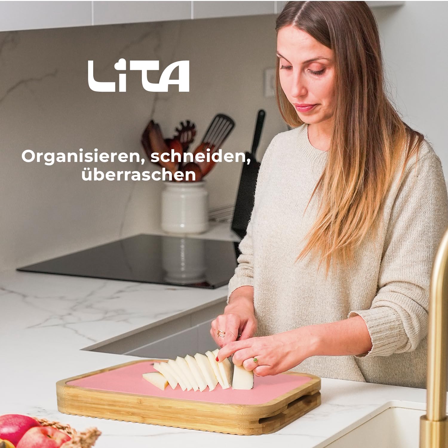 Schneidebrett Bambus XL - Doppelseitiges Holzschneidebrett mit 3 Austauschbaren PP-Schneidematten BPA-Frei - Antibakteriell & Rutschfest für Fleisch, Gemüse, Brot - LITA