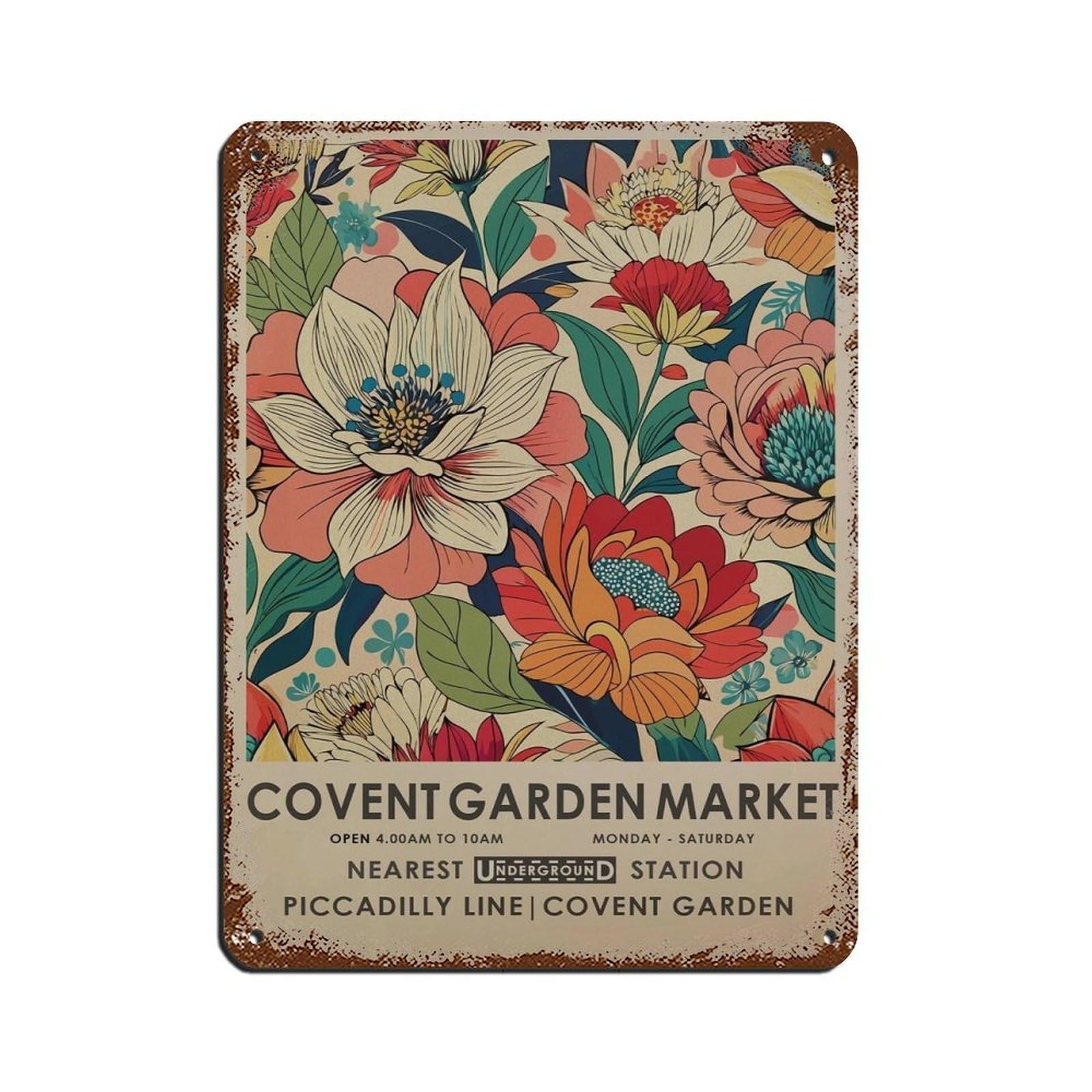 Covent Garden Flower Market, Vintage Botanical Retro Poster Metal Tin Sign Chic Art Retro Iron Painting Bar People Cave Cafe Family Garage Poster Wall Decoration 12x16inch(30x40cm)