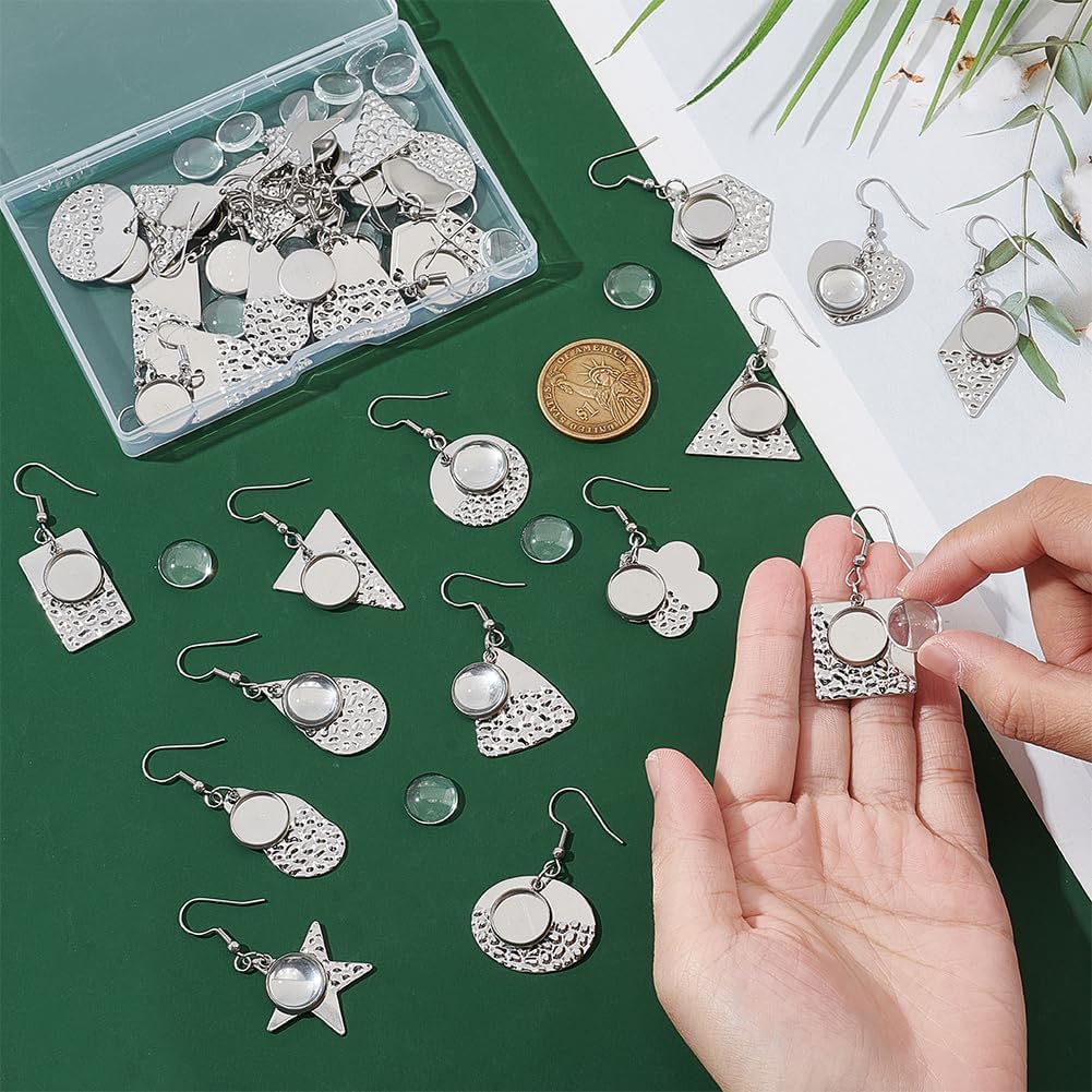 UNICRAFTALE 14 Pairs 14 Styles Stainless Steel Earring Bezel Trays Glass Blank Dome Dangle Earrings Cabochon Settings Wire Hooks Pendant Trays with Glass Cabochon Setting for DIY Jewelry Making - Image 4
