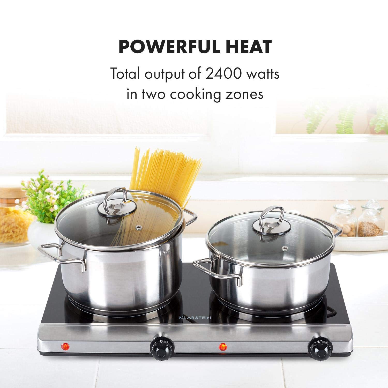 Podwójna płyta grzewcza Klarstein Cookbuddy - moc: 2400 W na podczerwień, ceramika szklana, mobilna płyta grzejna, 2 x 18 cm (Ø) strefa grzejna, 5 poziomów temperatury, ochrona przed przegrzaniem, elektryczna, srebrna