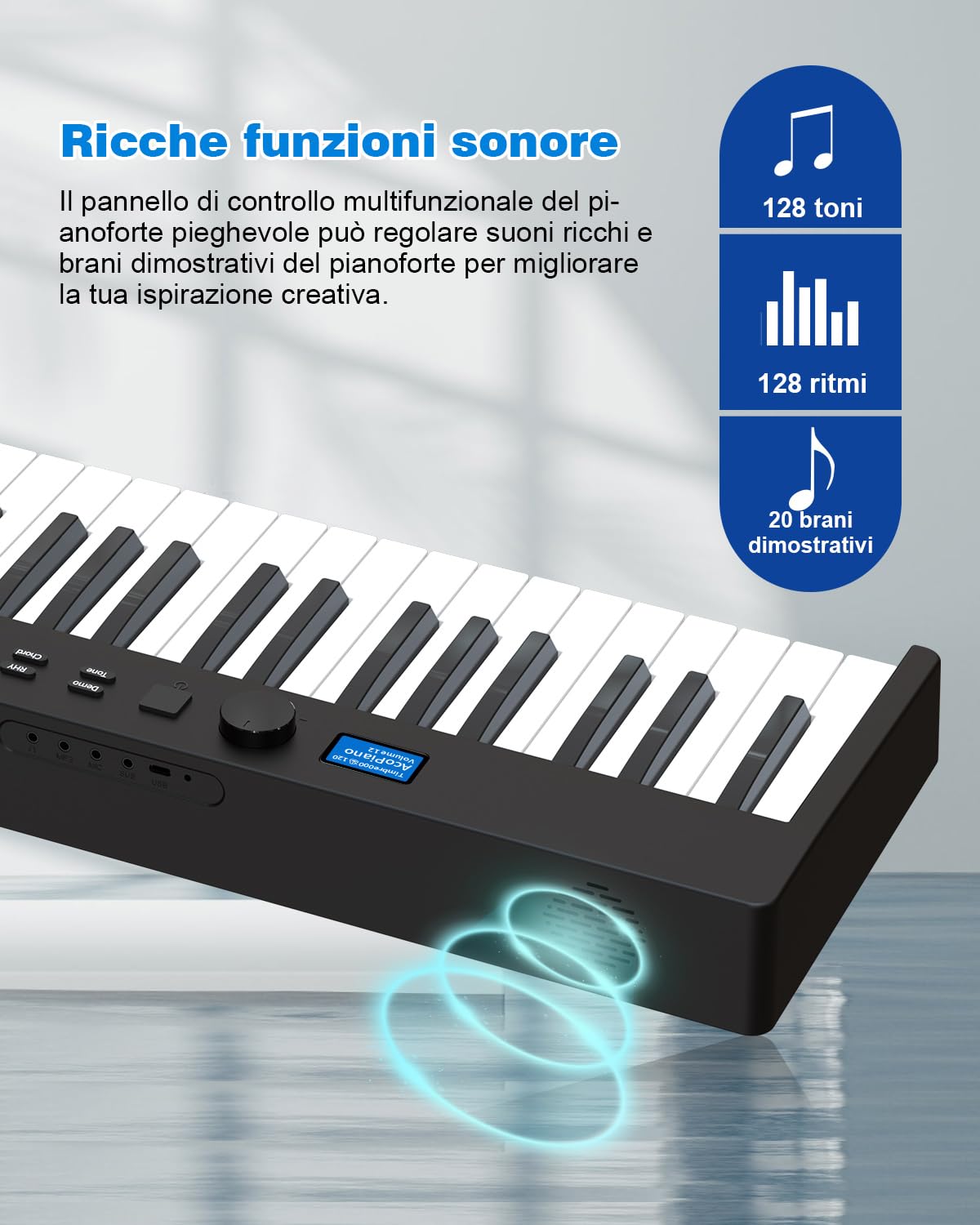 Pianoforte digitale pieghevole a 88 tasti, tastiera semiponderata di dimensioni originali, Bluetooth MIDI, pianoforte elettrico portatile con pedale di sostegno, leggio e borsa per il trasporto
