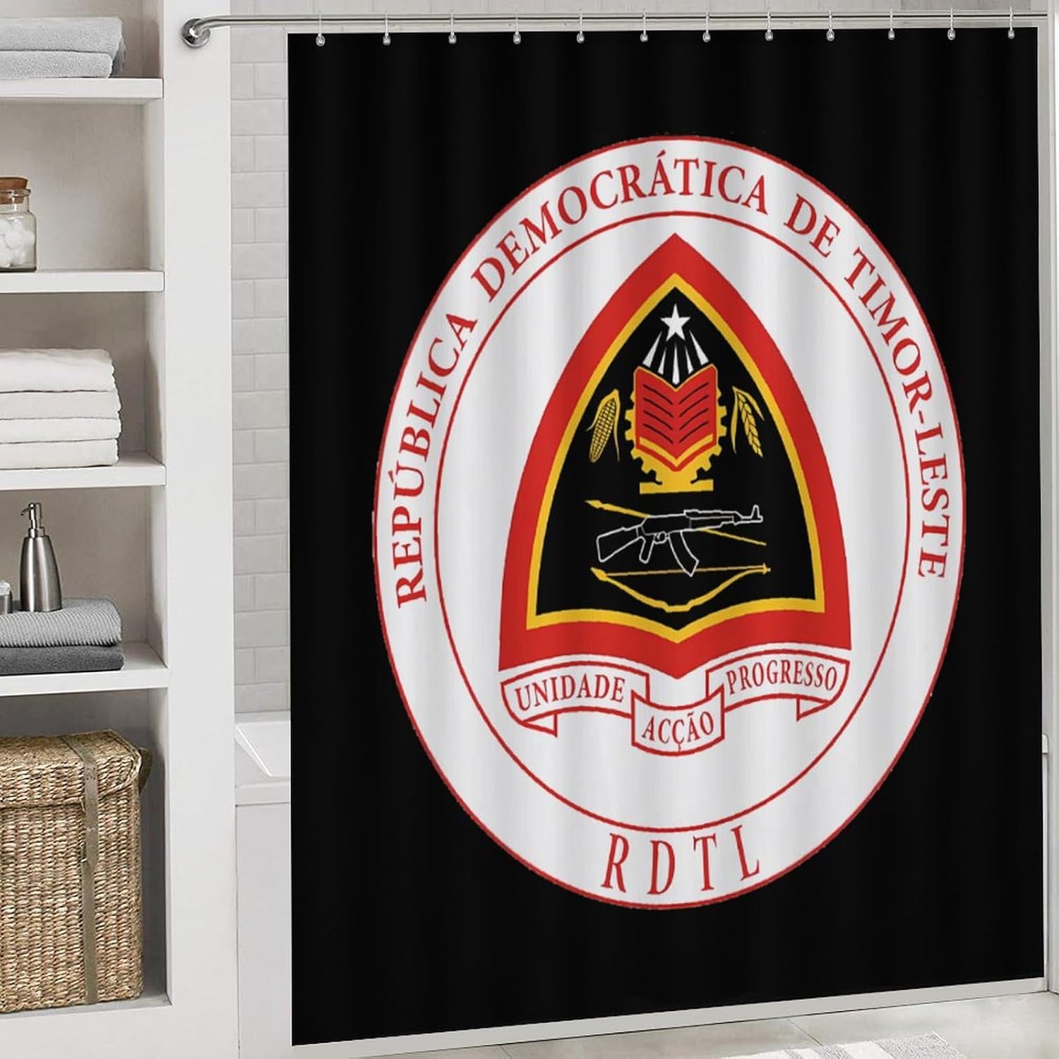 Coat of Arms of East Timor Bathroom Sets with Shower Curtain and Rugs 4 Piece with U-Shaped Floor Mat Toilet Lid Cover
