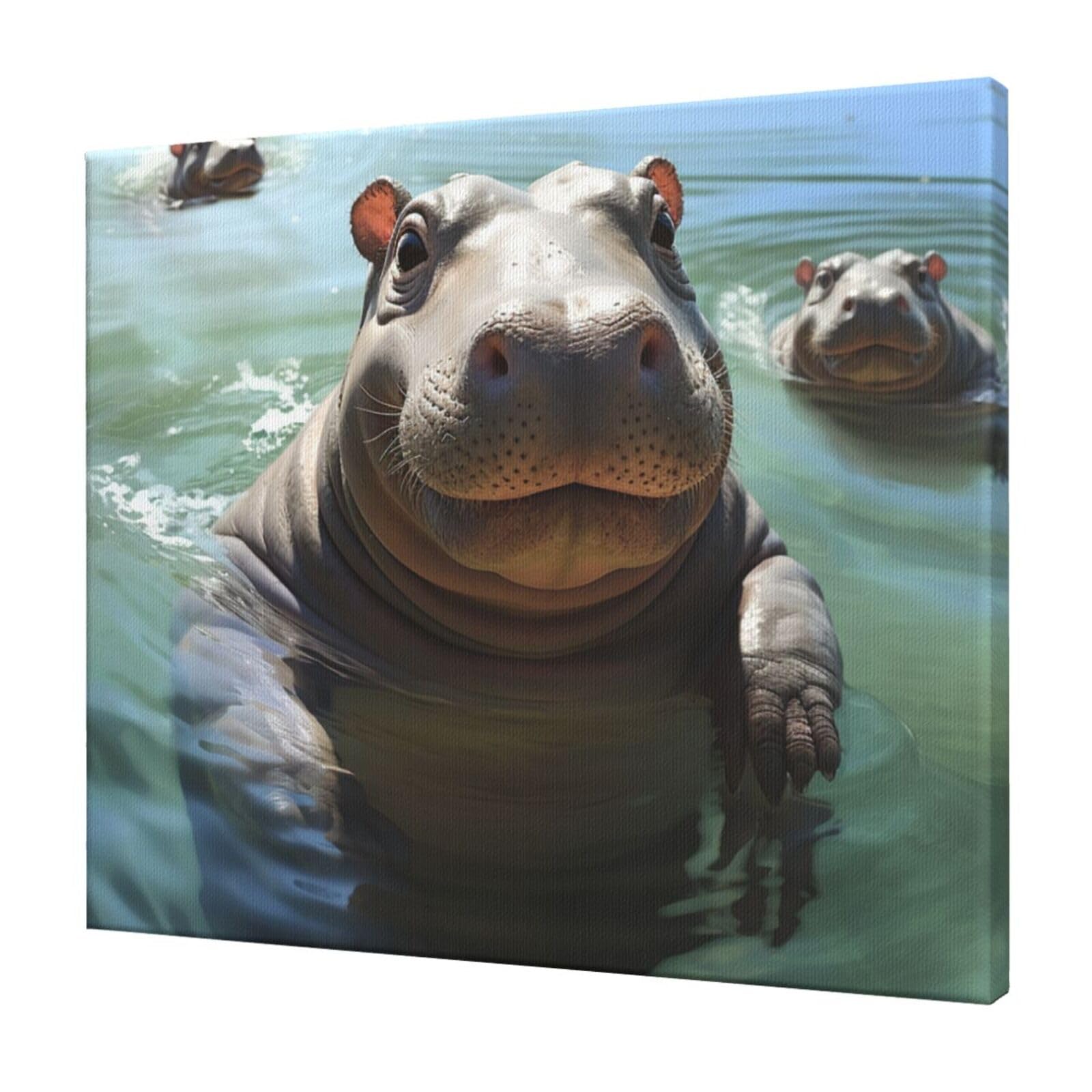 FodPand Cute Hippos Canvas Wall Art for Living Room Wall Decor 20"x24" Modern Artwork Painting Pictures Hanging Canvas Prints Aesthetic Wall Art for Bedroom Bathroom Office Wallart Decor