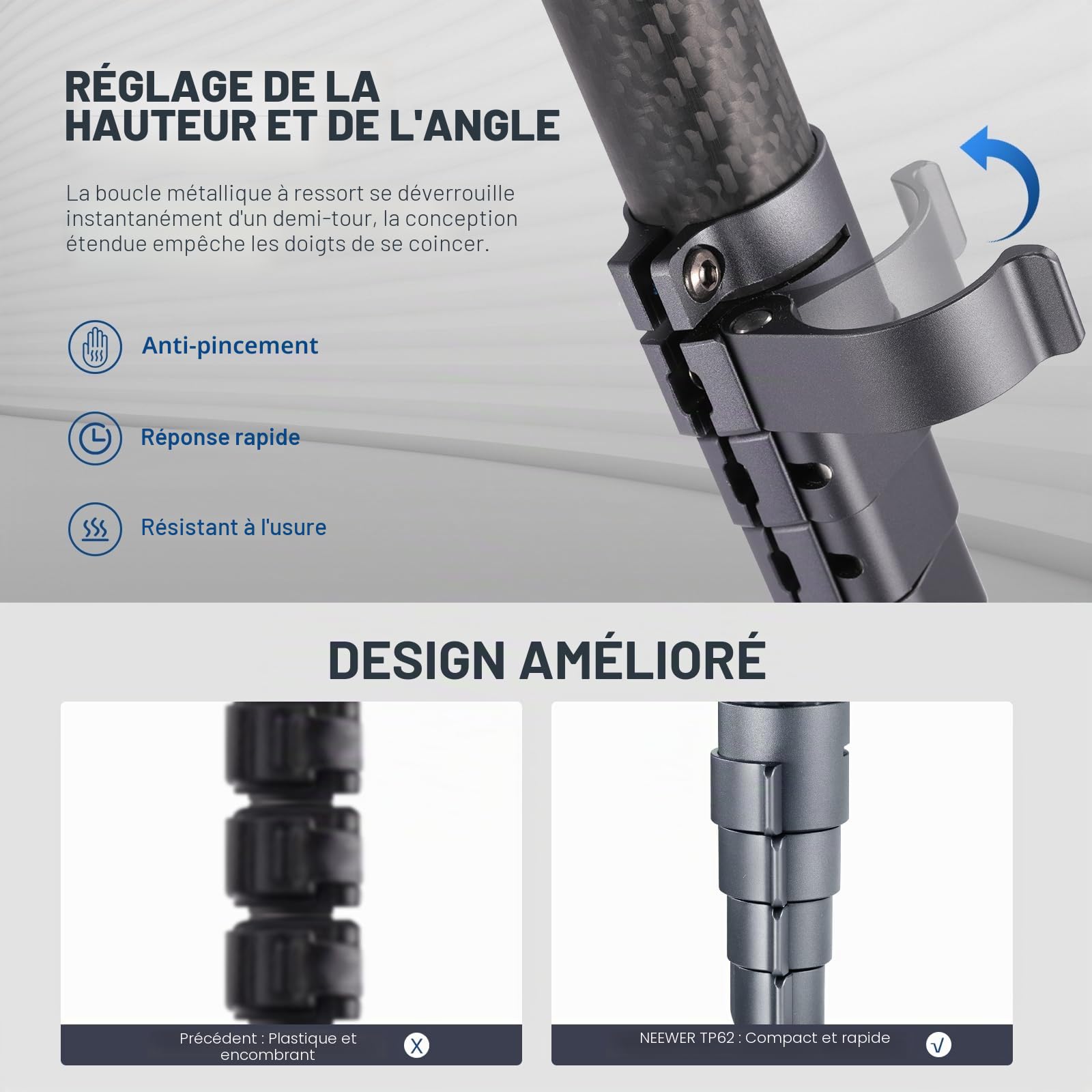 NEEWER LITETRIP LT32 Trépied de Voyage en Fibre de Carbone avec tête panoramique à 360° nivellement ± 15 °, axe Central Amovible, Boucle à Rabat Rapide, Plaque QR Arca Compatible avec Peak Design