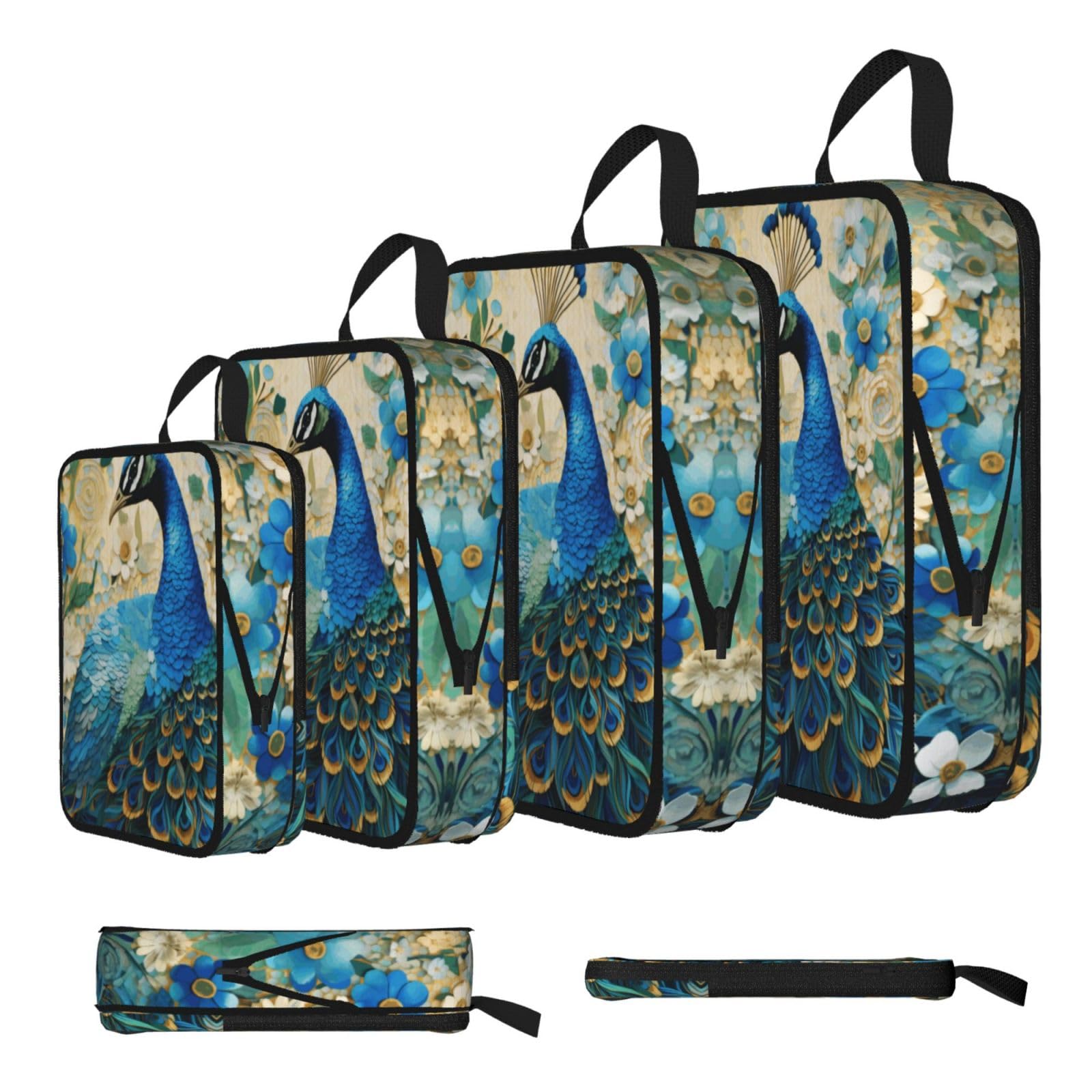 Sxzvvbn Black Blue Peacock Standing Among Flowers Compression Packing Cubes 4 Piece Set