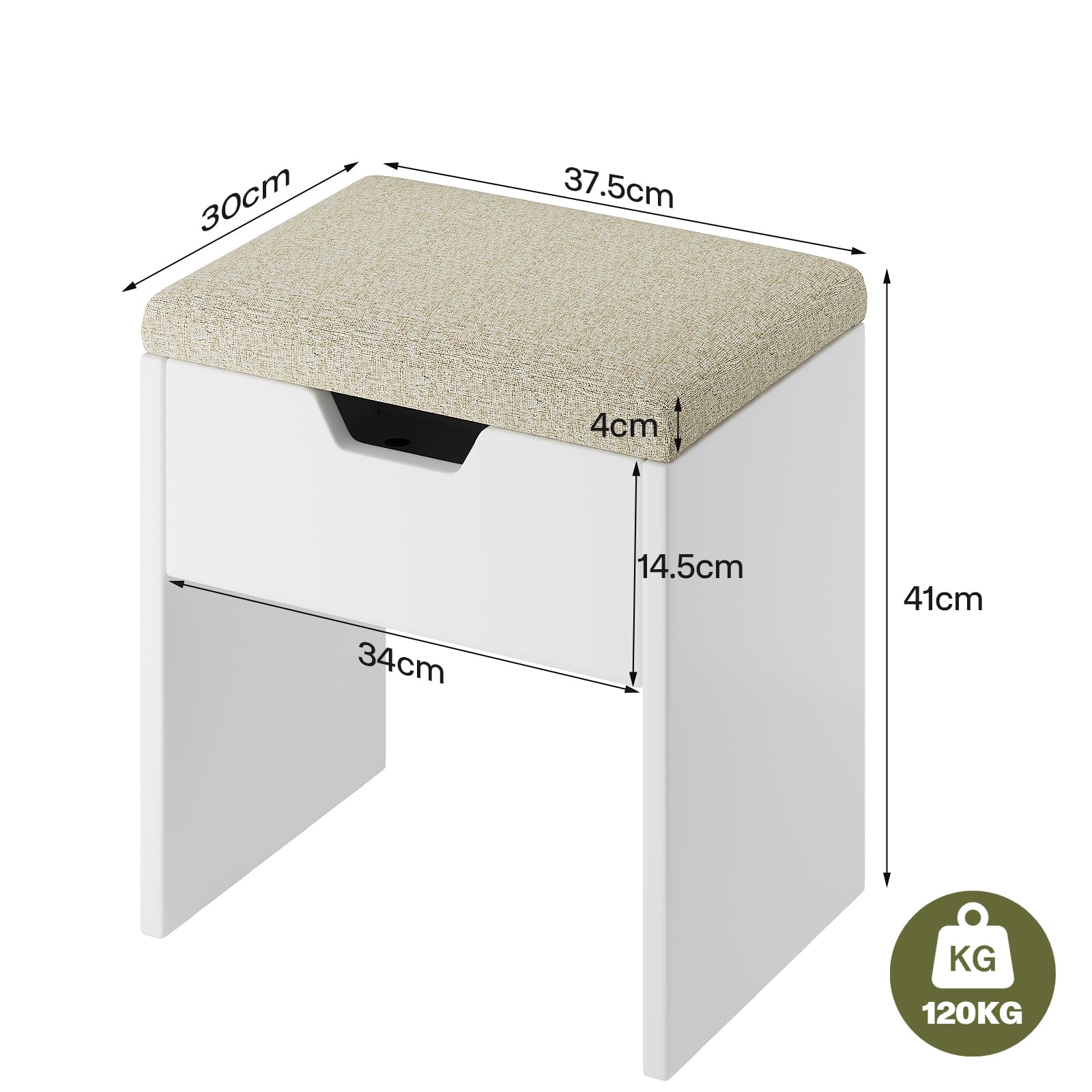 TRIUMPHKEY Taburete de Tocador con Almacenaje, Taburetes de Maquillaje, Silla Tocador de Maquillaje para Dormitorio, Reposapiés con Almohadilla Taburete Tapizado Moderno, Blanco