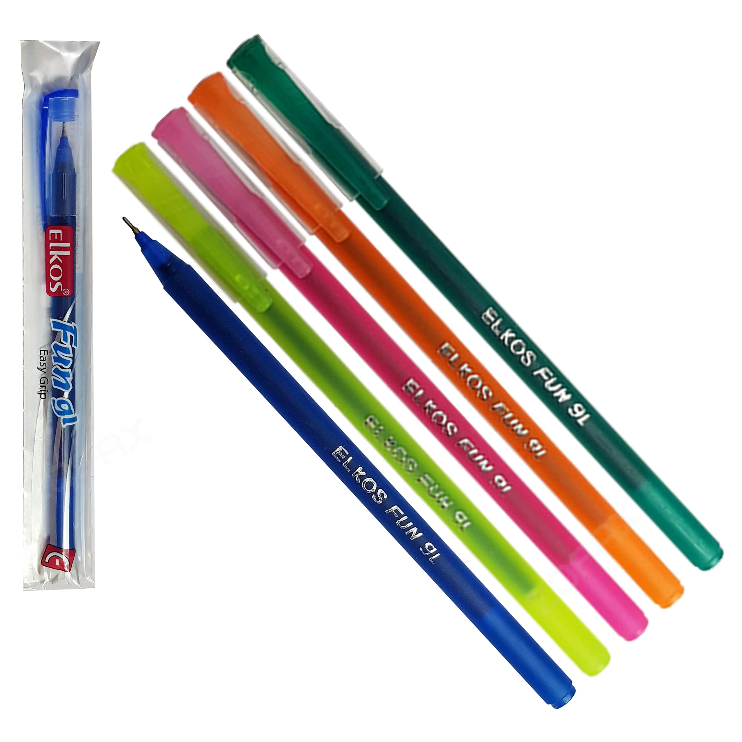 ELKOS BLUE Ballpoint Pens, 0.6mm Fine Point, Pack of 5, FunGL Ball Pens, Smooth Writing, Perfect School Office Home Pens, ZOFAX Black Ball Pen