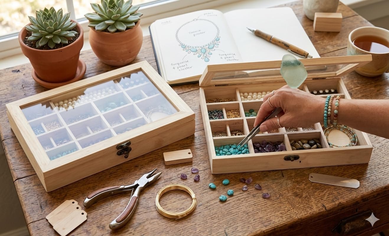 2 Pack Unfinished Wooden Jewelry Organizer Box with Glass Lid – 14 Compartment Bead & Craft Storage Case – DIY Paintable Wood Display Box for Jewelry, Gems, Supplies
