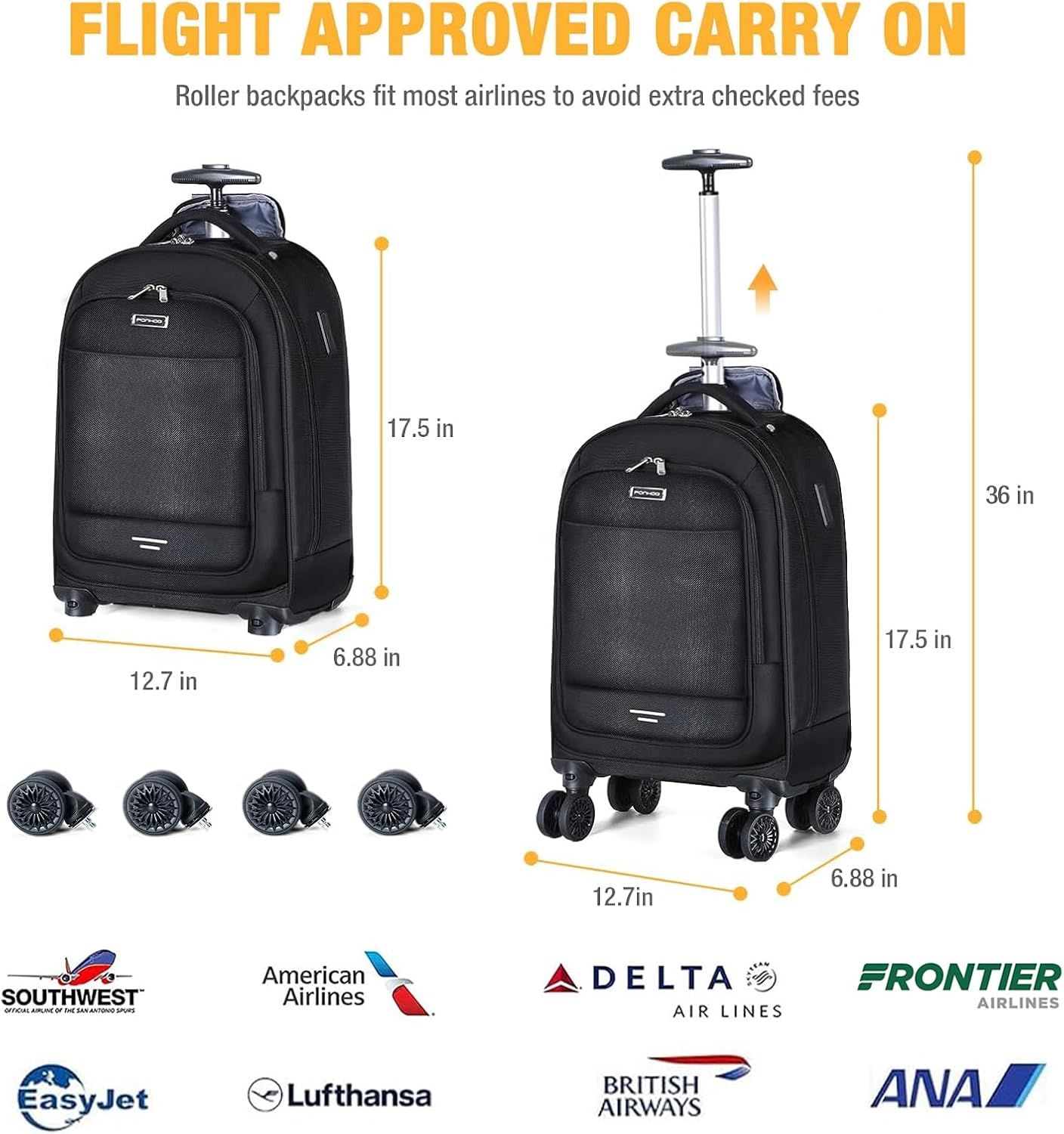 Rolling Backpack, 15.6 inch Laptop Backpack with 4 Spinner Wheels, Carry on Travel Backpack Water Resistant Wheeled Backpacks for Women Men Suitable for Overnight College Work, Black - Image 3