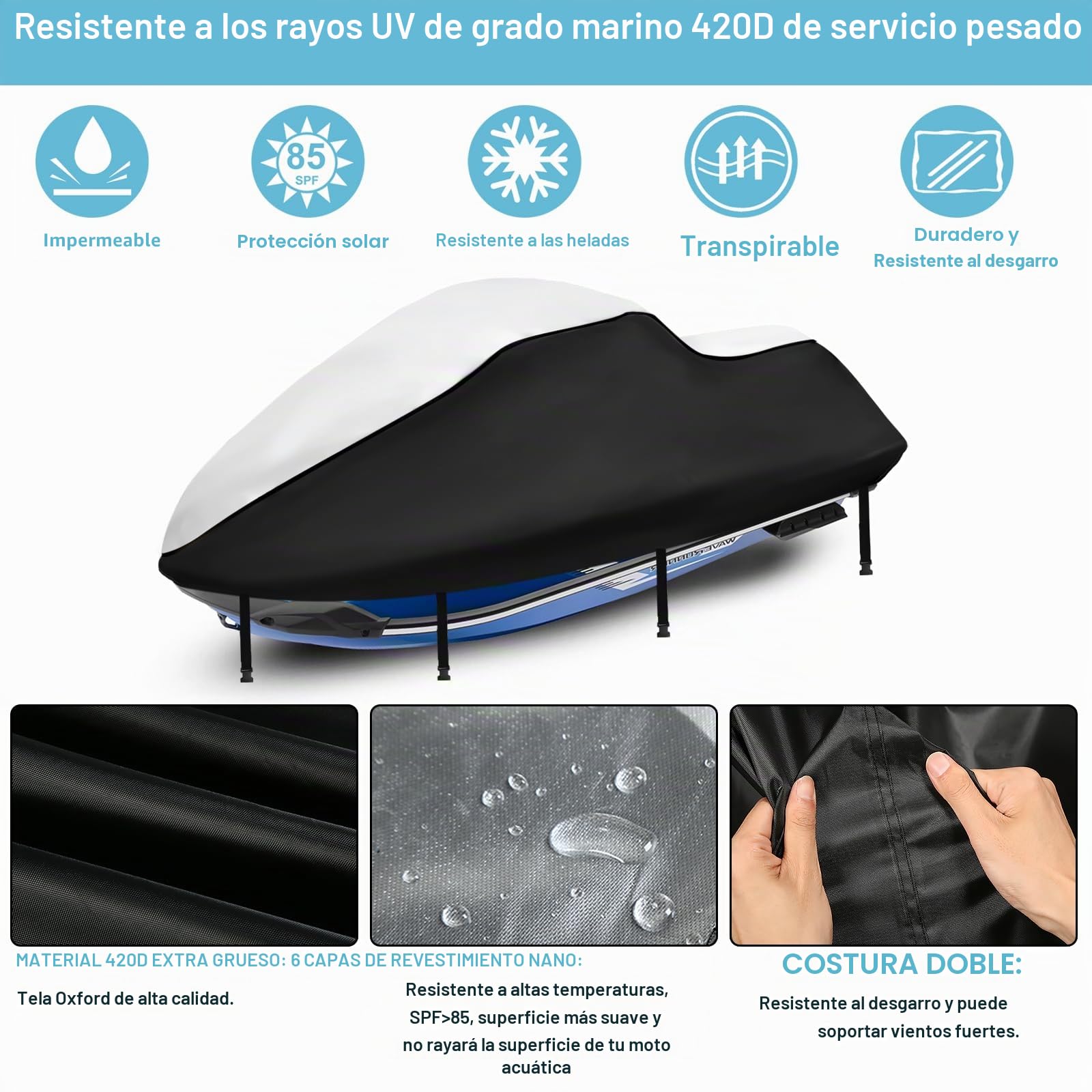 Funda Impermeable para Moto acuática de 3 plazas, Cubierta PWC 420D Mejorada con 2 Rejillas de ventilación,Resistente a los Rayos UV para Seadoo, Kawasaki, Waverunner Polaris(307-343CM Plata-Negro)
