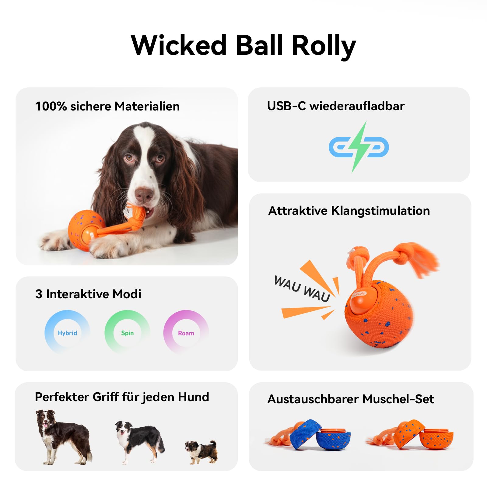 Cheerble Wicked Ball Rolly, interaktiver Hundeball mit Seil & Bellen Orange | Selbstrollendes Hundespielzeug, 3 Modi, austauschbare E-TPU-Hülle, USB-C aufladbar, für mittelgroße & große Hunde