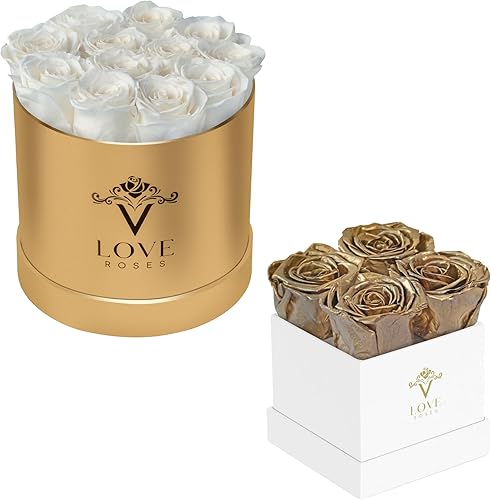 VLove 12 White Forever Roses in a Golden Box & 4 Golden Forever Roses in a White Box Real Roses That Last Over A Year Gift Ready Eternal Roses Box