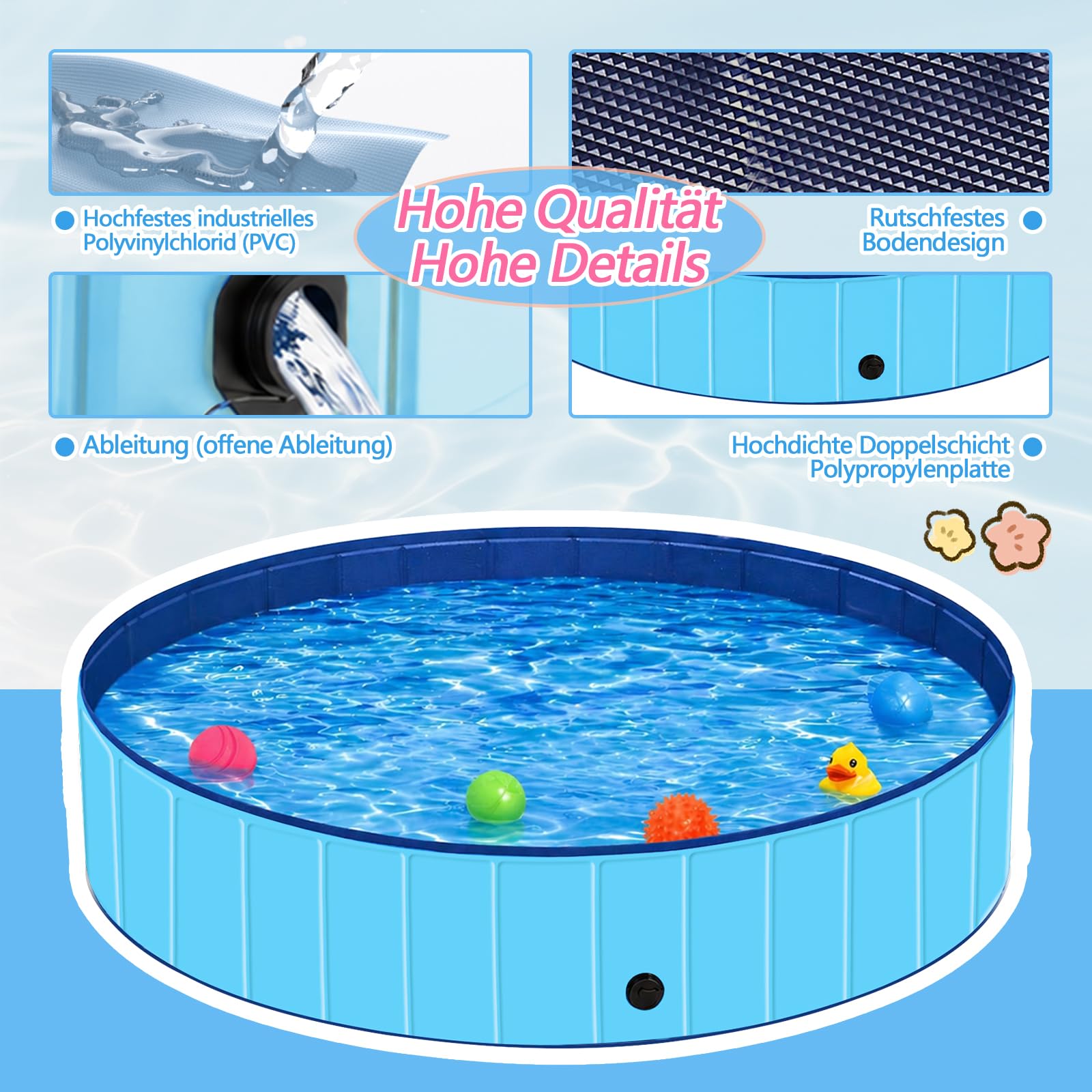 Hundepool für Mittel- und Großhunde, Planschbecken für Hunde 160 x 30 cm, Tragbarer Außen-Hundebadewanne mit Schnellablaufventil, Auslaufsicherer Planschpool für Garten & Terrasse (L - Ø160cm)