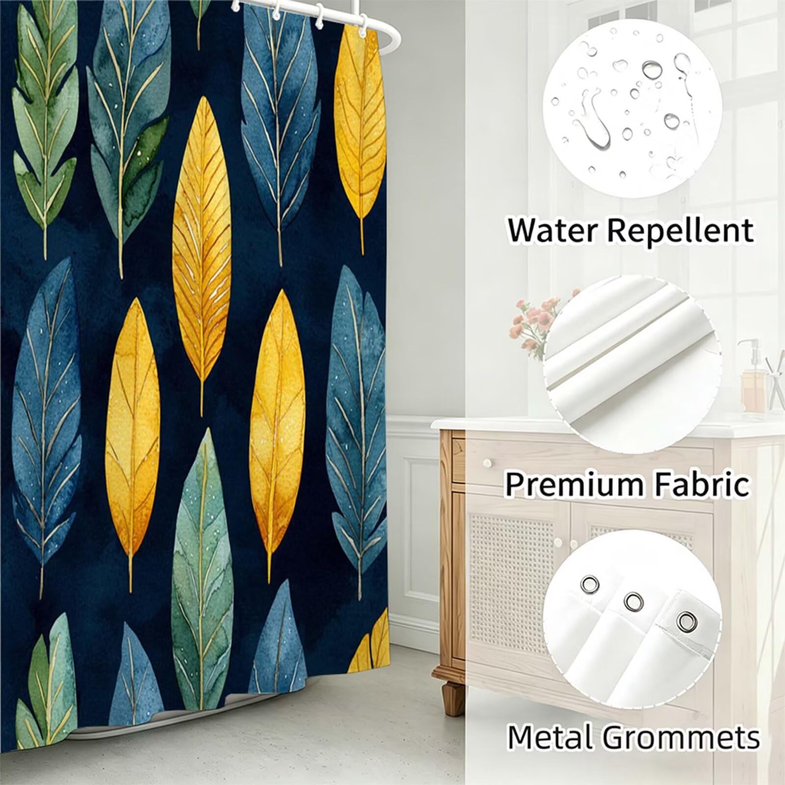 Duschvorhang Pfauenblau, Polyester Stoff aus Textil – Wasserdicht – Waschbar – Inkl 12 Ringe – Badewannenvorhang für Dusche & Badewanne, Shower Curtains 180x180cm Blätter J-613