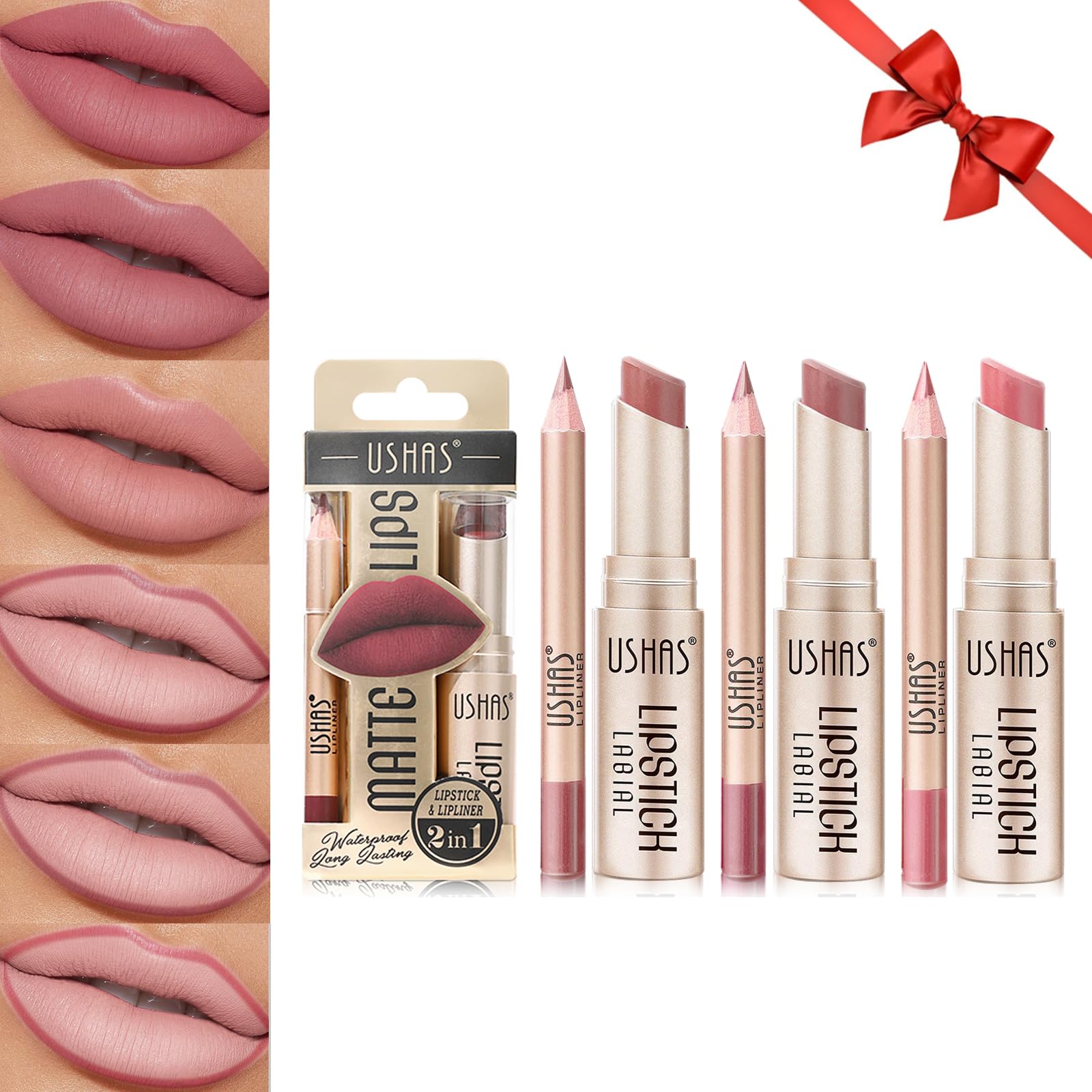 Likesing 6 Piezas Pintalabios Permanente Perfilador Labios Rojo Rosa Brillo Barra de Labios Labiales Mate Larga Duracion Labial Delineador Labios Lip Tint Lip Liner Mujer Maquillaje Kit Regalo