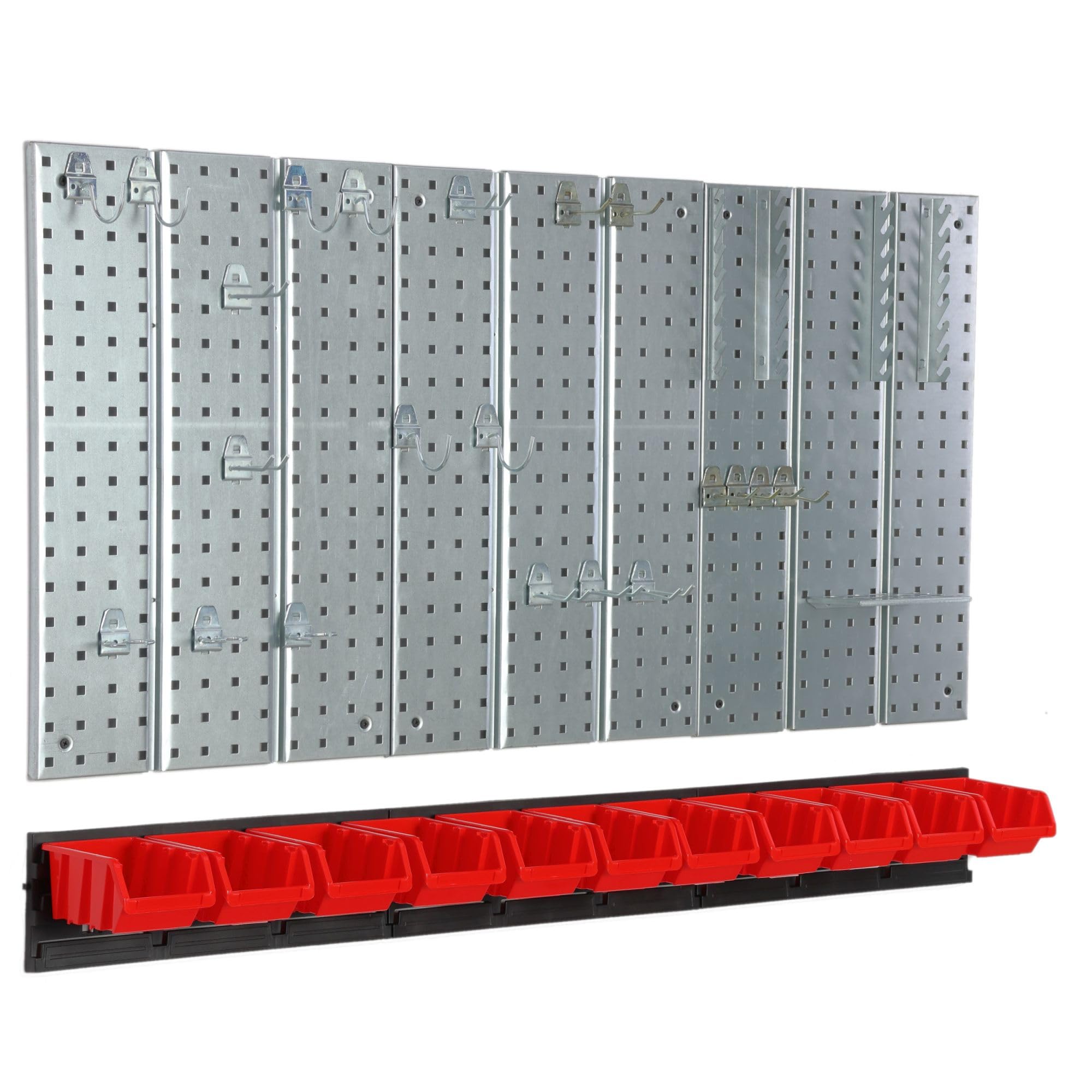 Panel de herramientas de metal 117 x 72 cm, sistema de almacenamiento con portaherramientas, ganchos para herramientas y 11 cajas apilables, 100 x 150 x 70 mm, color: rojo, tablero perforado, taller,