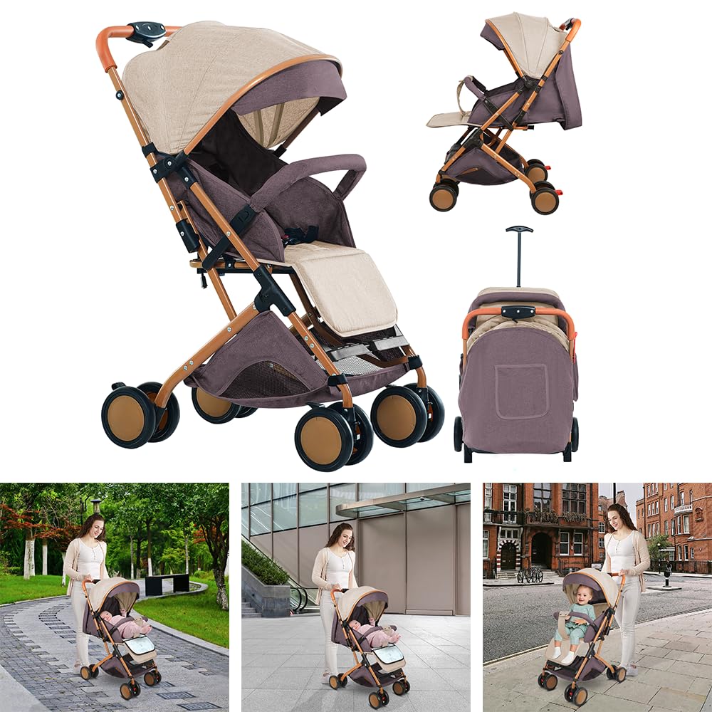 Supfine Poussette Canne Bébé 0-3 Ans,15 kg, avec Dossier & Repose-pieds Réglables, Pliable à une Main, Pousette Compact et Légère Voyage avec Auvent & Moustiquaire, Roues Antidérapants (Kaki)