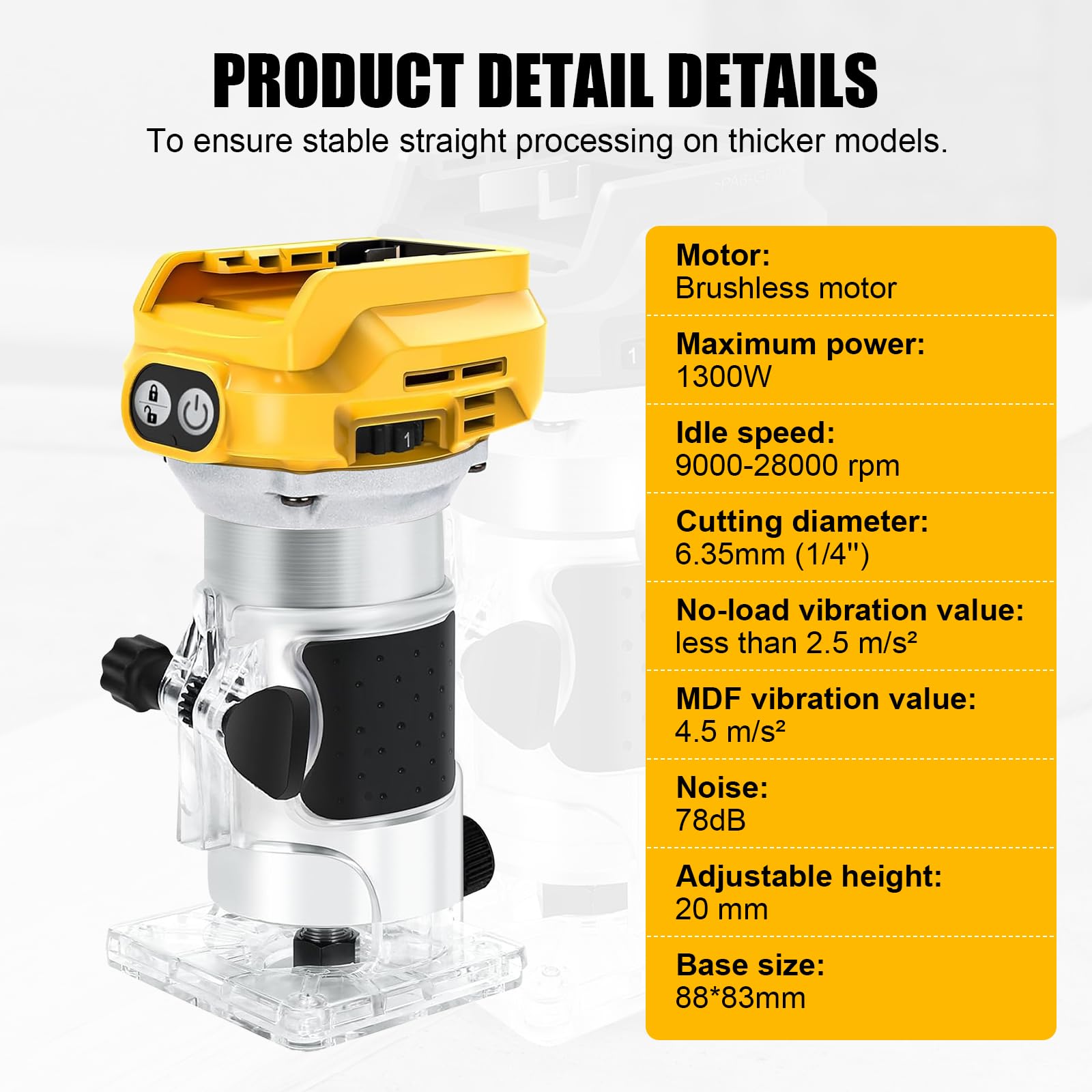 Akku Oberfräse kompatibel mit Dewalt 18V Akku, 1300W Oberfräse Trimmer Einhandfräse, Bürstenloser Kantenfräser mit 6 Geschwindigkeit, 28.000 U/min Akku-Holzfräser für Holzbearbeitung (no Ak-ku)