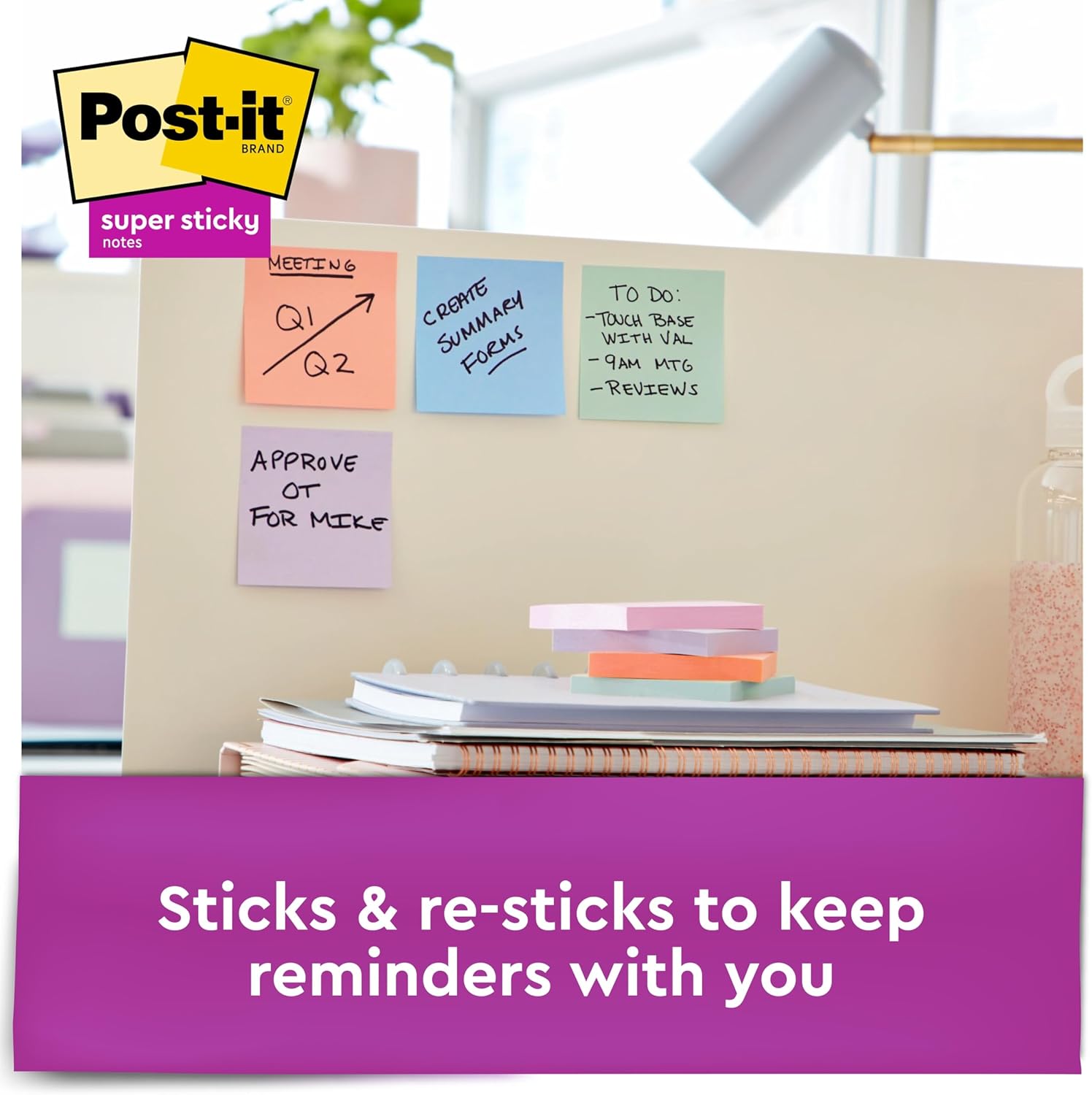 Post-it Super Sticky Recycled Notes, 3 x 3 in., 6 Sticky Note Pads, School Supplies and Office Products, 2X the Sticking Power, Wanderlust Pastels Collection
