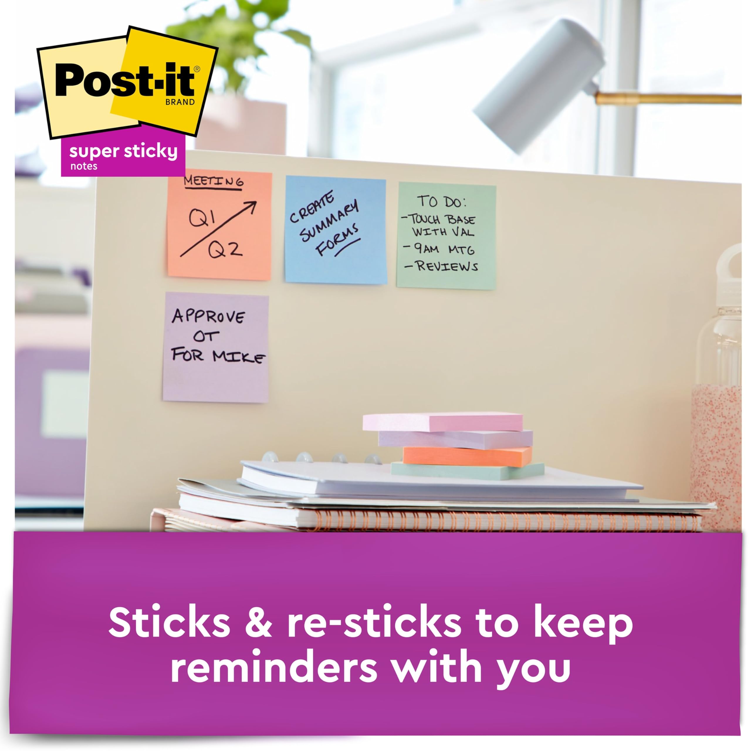 Post-it Super Sticky Riciclato Notes, 5 Colori Pastello, Bastoncini e Resticks, 7,6 x 7,6 cm