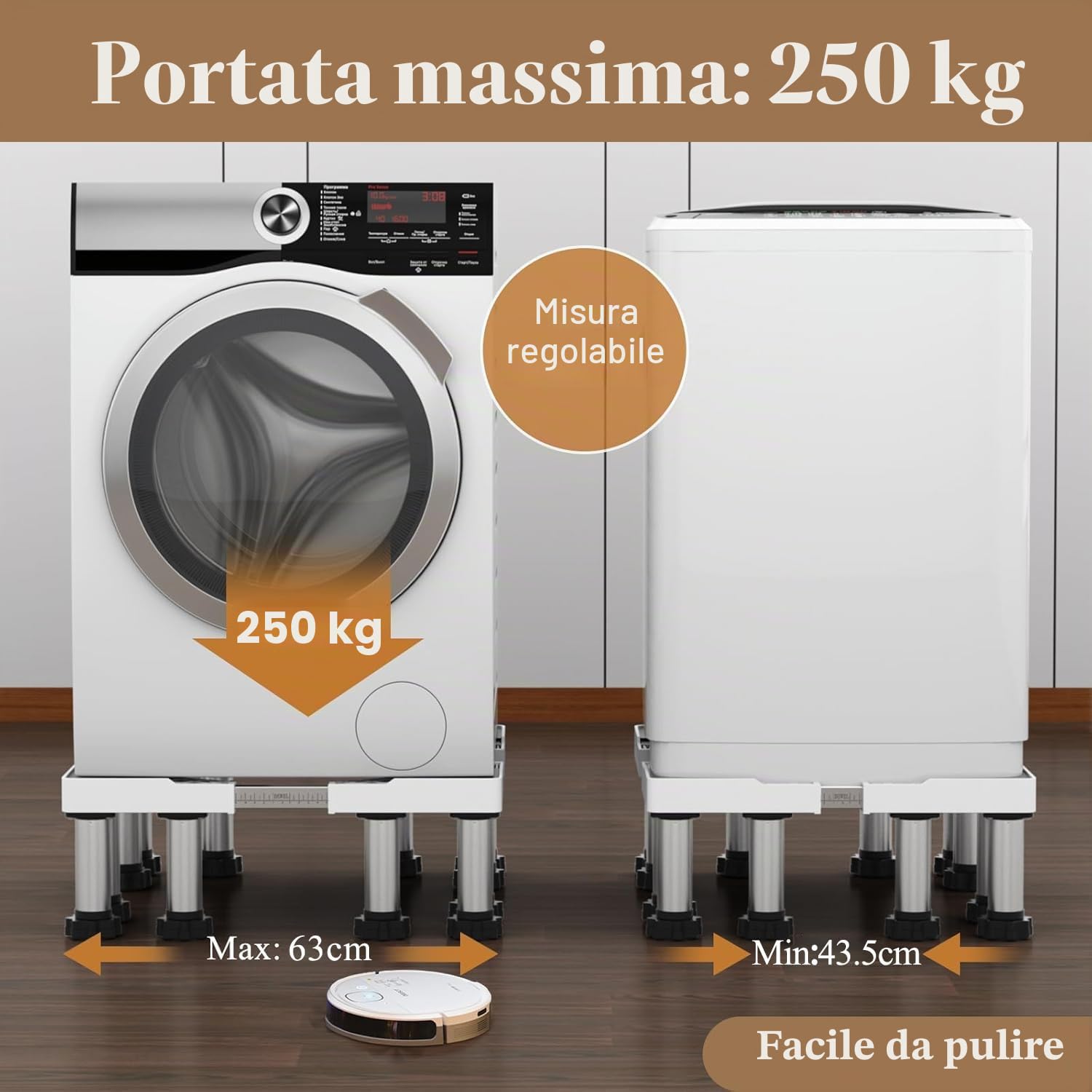 DEWEL Base per lavatrice regolabile 43-66,5 cm, 12 piedi, bianco