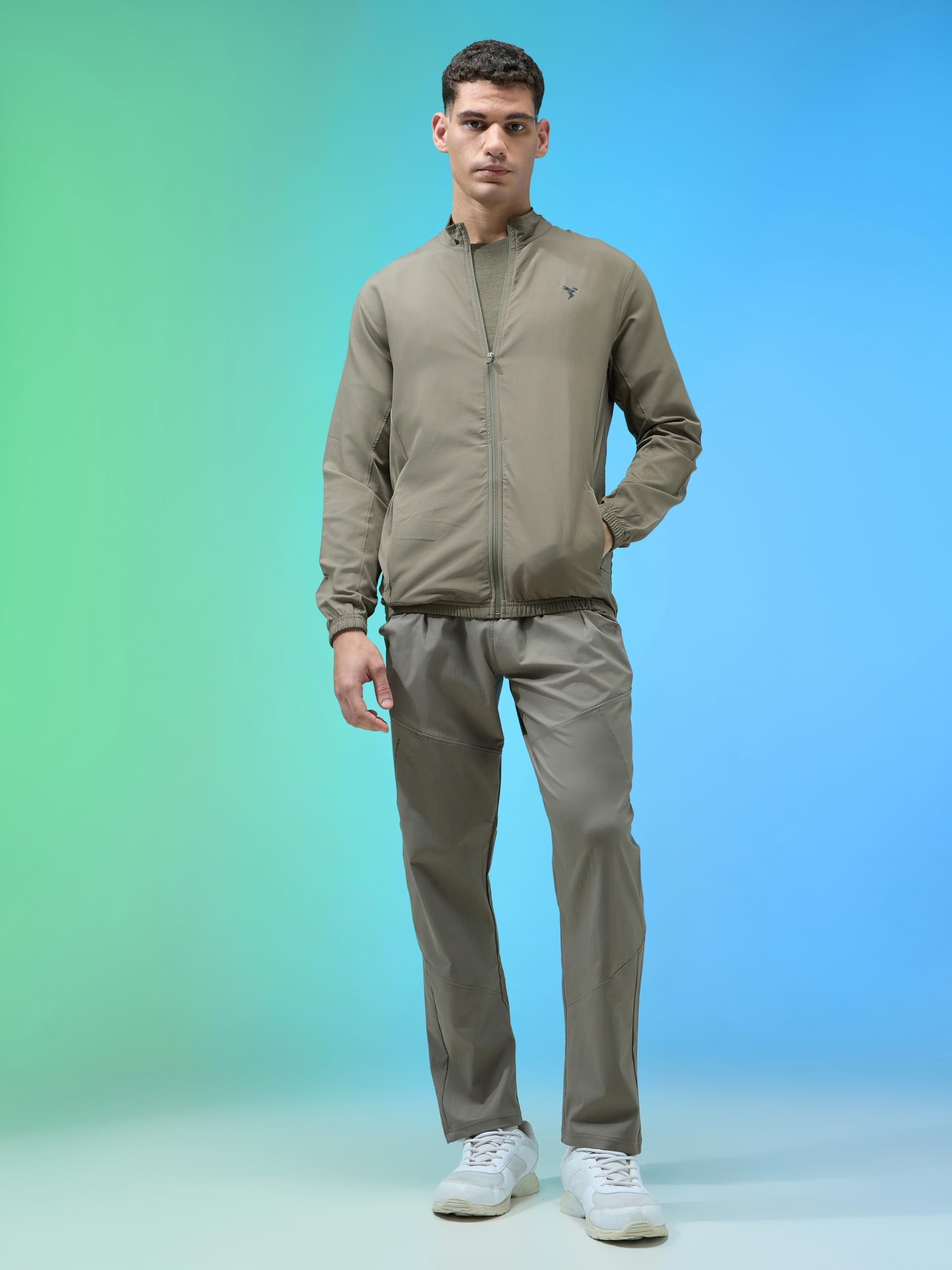 TECHNOSPORT Men's Solid Regular Fit High Neck Sports Jacket (Smokey Olive) Lightweight Polyester for Gym Running Training Full Zip 2