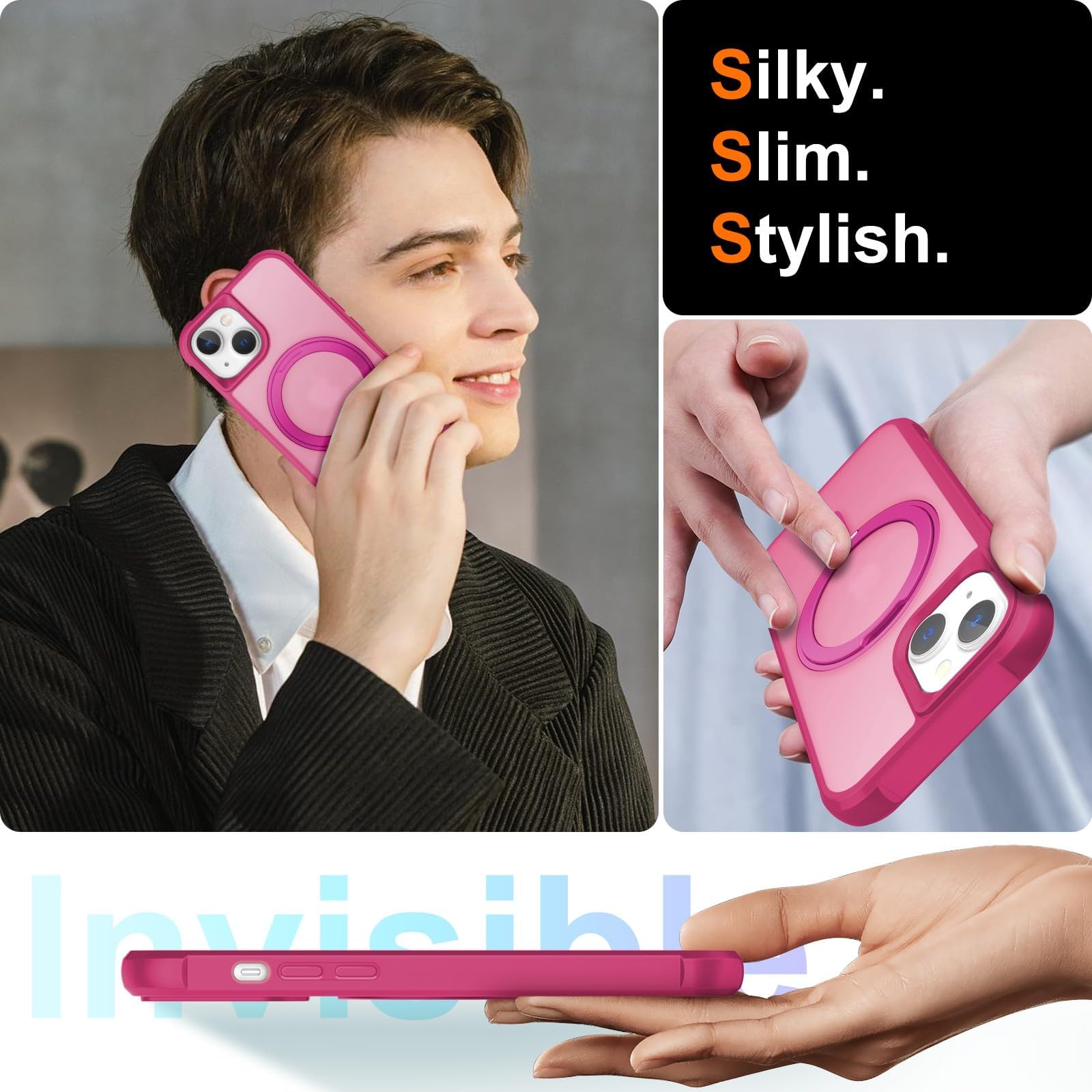 Custodia per iPhone 15 con supporto girevole a 360°, rosa