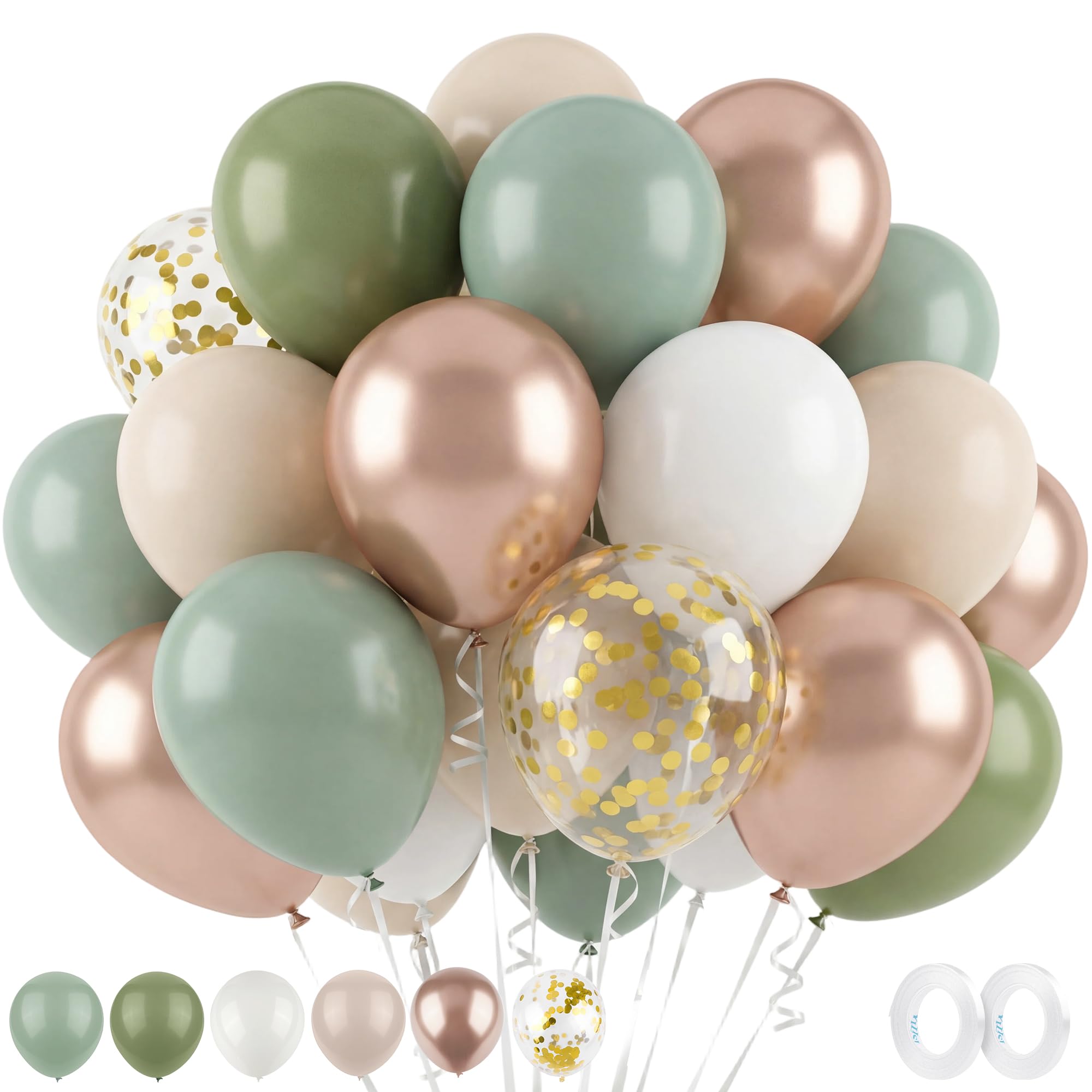 Vivantia 72 Piece Sage Green Balloons 12 Inch Pastel Multicolor Colorful Latex Balloon Confetti Party Balloons for Fairy Floral Wildflower Tea Jungle Baby Shower Birthday Party Decoration