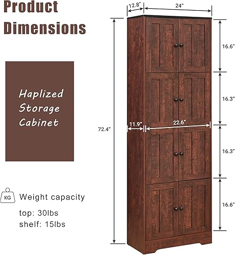 Miniatura 2 de Haplizd Armario de almacenamiento, armario alto de almacenamiento de cocina con 4 puertas y 4 estantes, armario de despensa de madera, armario de