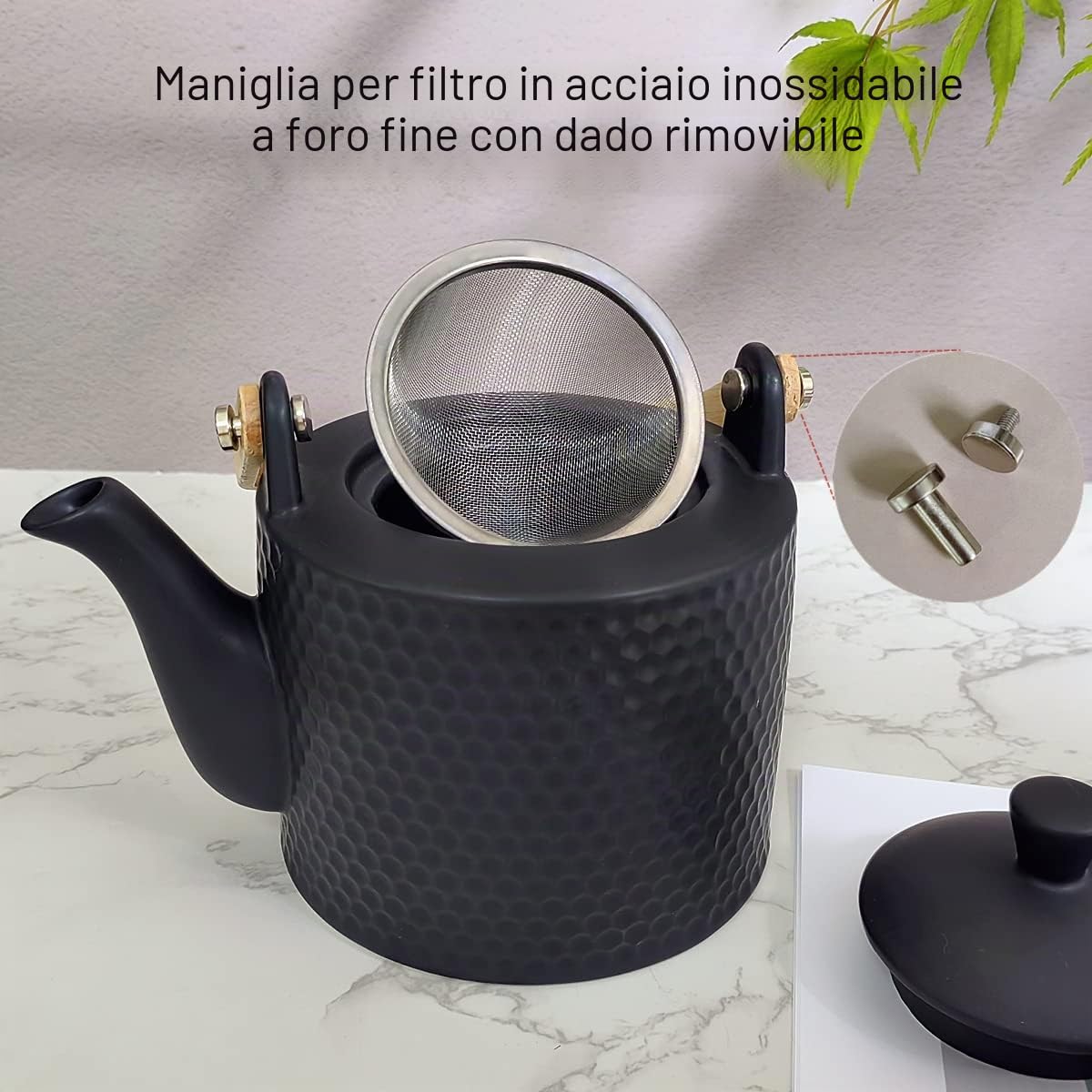 Servizio da Tè in Ceramica Giapponese, Nero | Set da tè cina, teiera set, 1 teiera 900ml e 4 tazze con con infusore, manico in legno, per gli amanti del tè