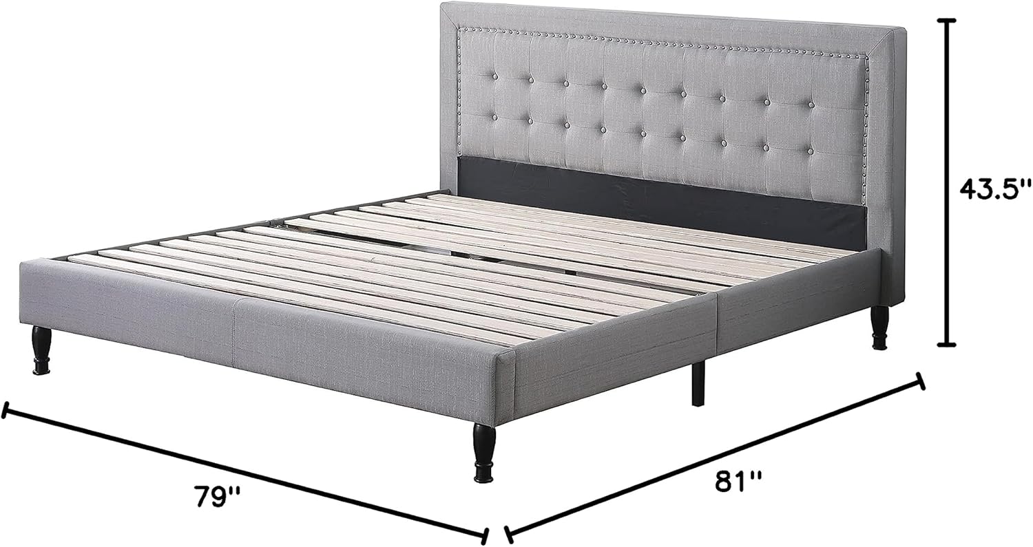 HomeLife Athena II Premiere Classics Upholstered Linen Cloth Platform Bed II Button Tufted II 43.5" Tall Headboard II Mattress Foundation II Easy Assembly II Grey II King,furbed211_King_Grey