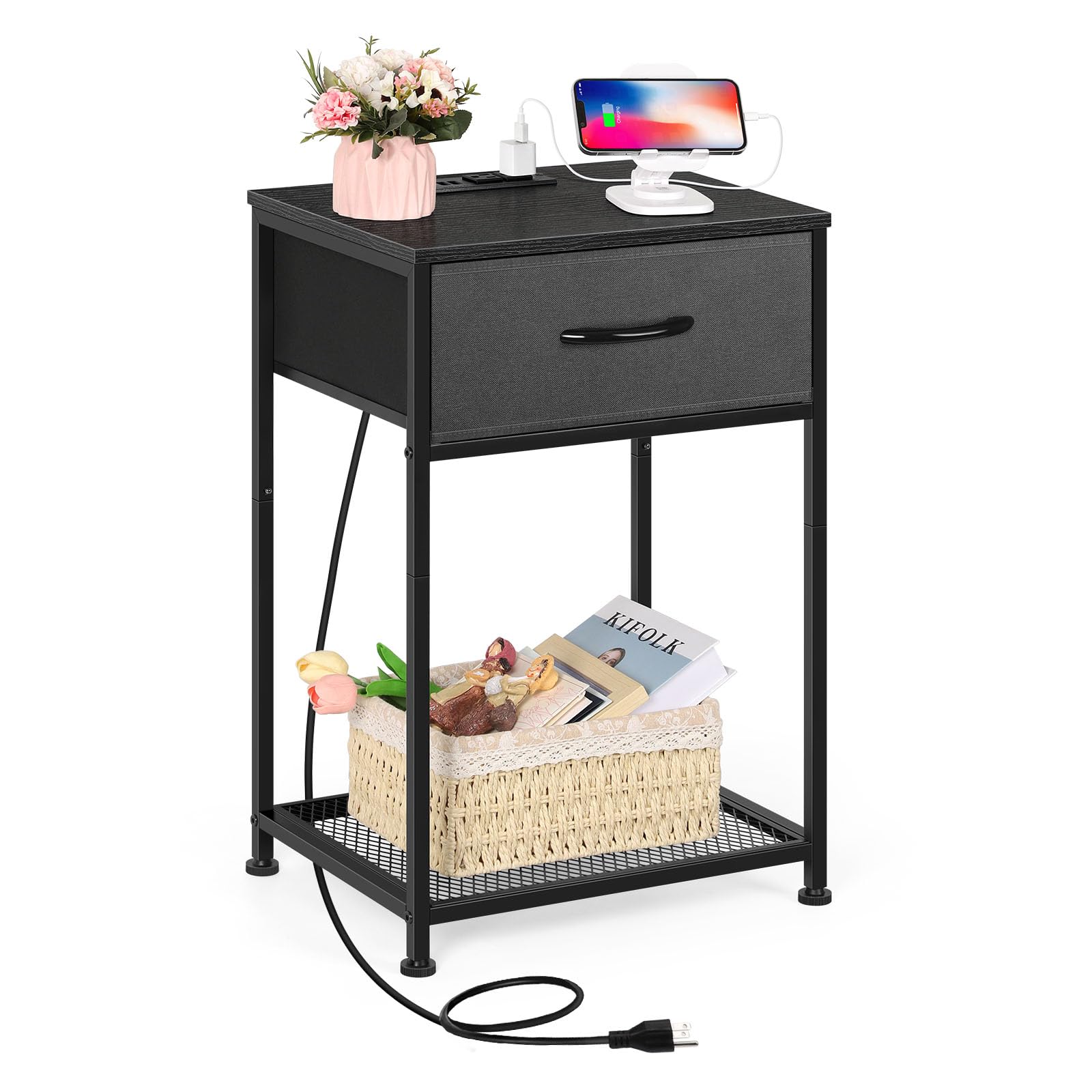 smusei Black Night Stand with Charging Station Bedroom Nightstand with Fabric Drawer Small Bedside Table End Table with USB Ports and Open Storage Shelf for Small Space Bedroom Living Room Guest Room