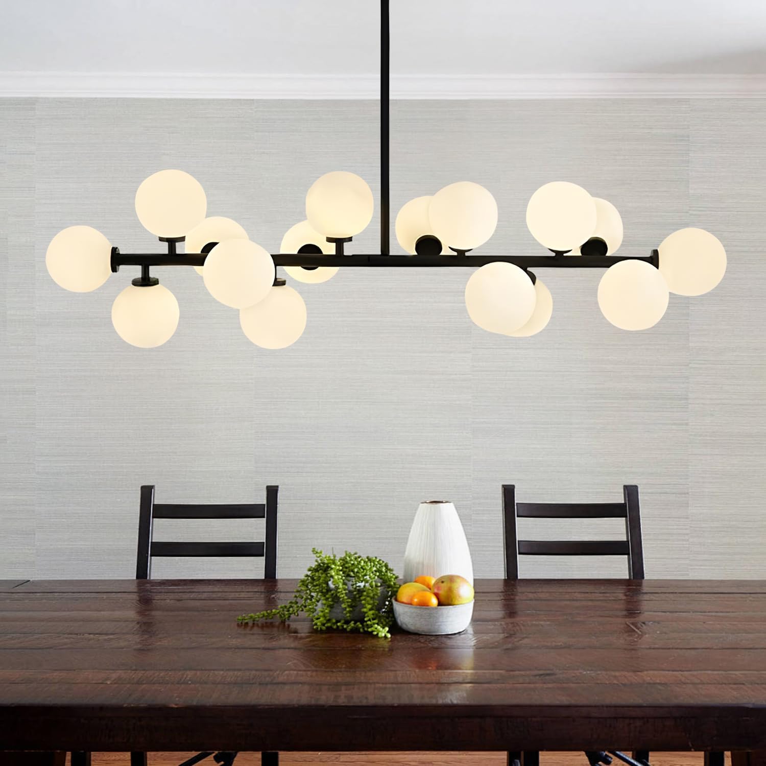 KCO Lighting Farmhouse Dining Room Chandelier Globe Linear Chandelier Black Milk Glass Chandelier 16 Light Sputnik Chandelier Mid Century Modern Hanging Pendant Light Fixture