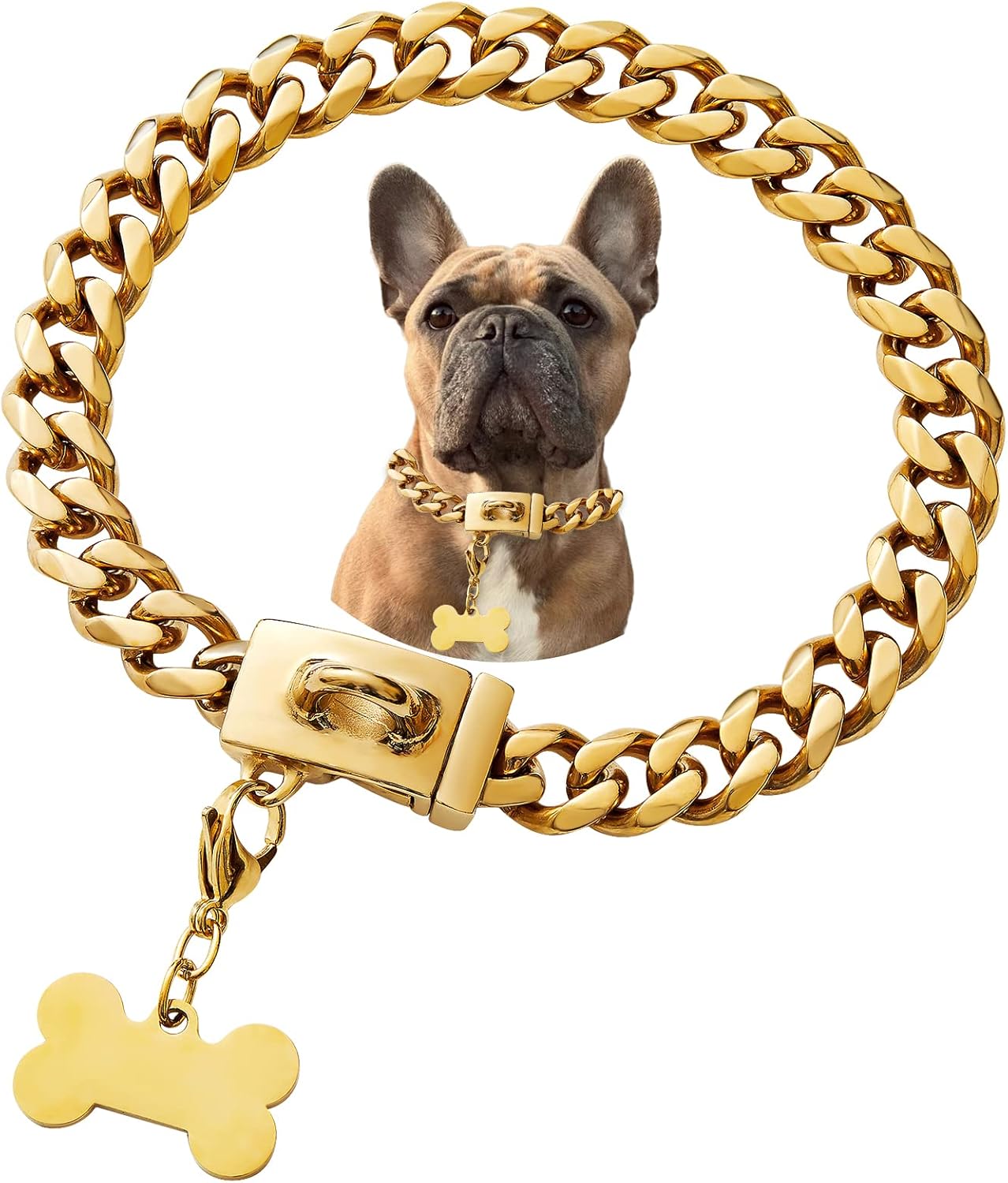 Stainless Steel Buckle Dog Collar, Cool Charm Pet Bulldog Jewelry Necklace, Waterproof Rose Gold Black Silver Heavy Duty Anti-chew Curb Cuban Dog Collar 14 Inch
