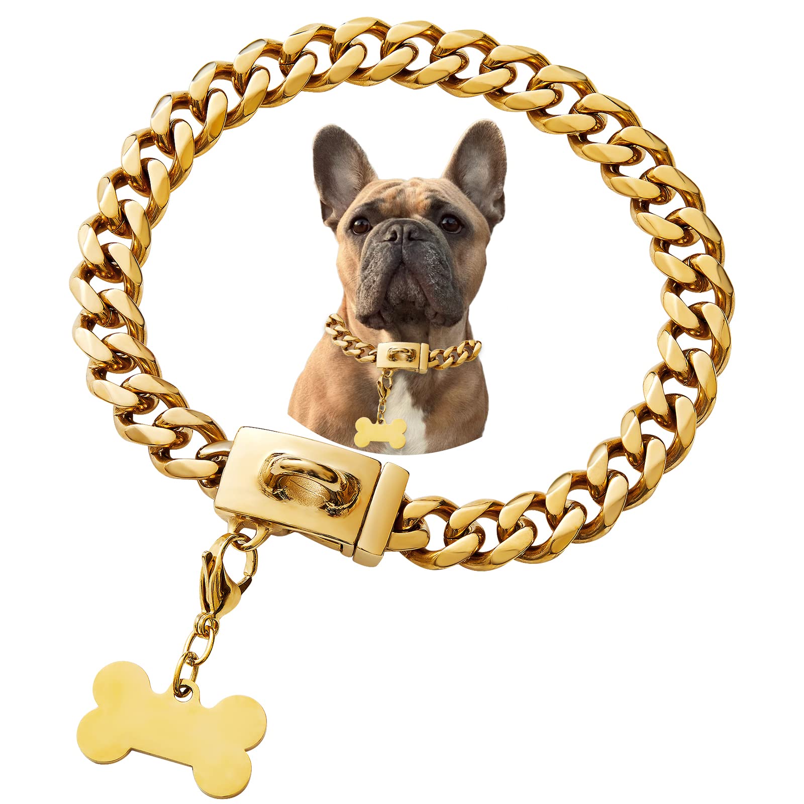 Stainless Steel Buckle Dog Collar, Cool Charm Pet Bulldog Jewelry Necklace, Waterproof Rose Gold Black Silver Heavy Duty Anti-chew Curb Cuban Dog