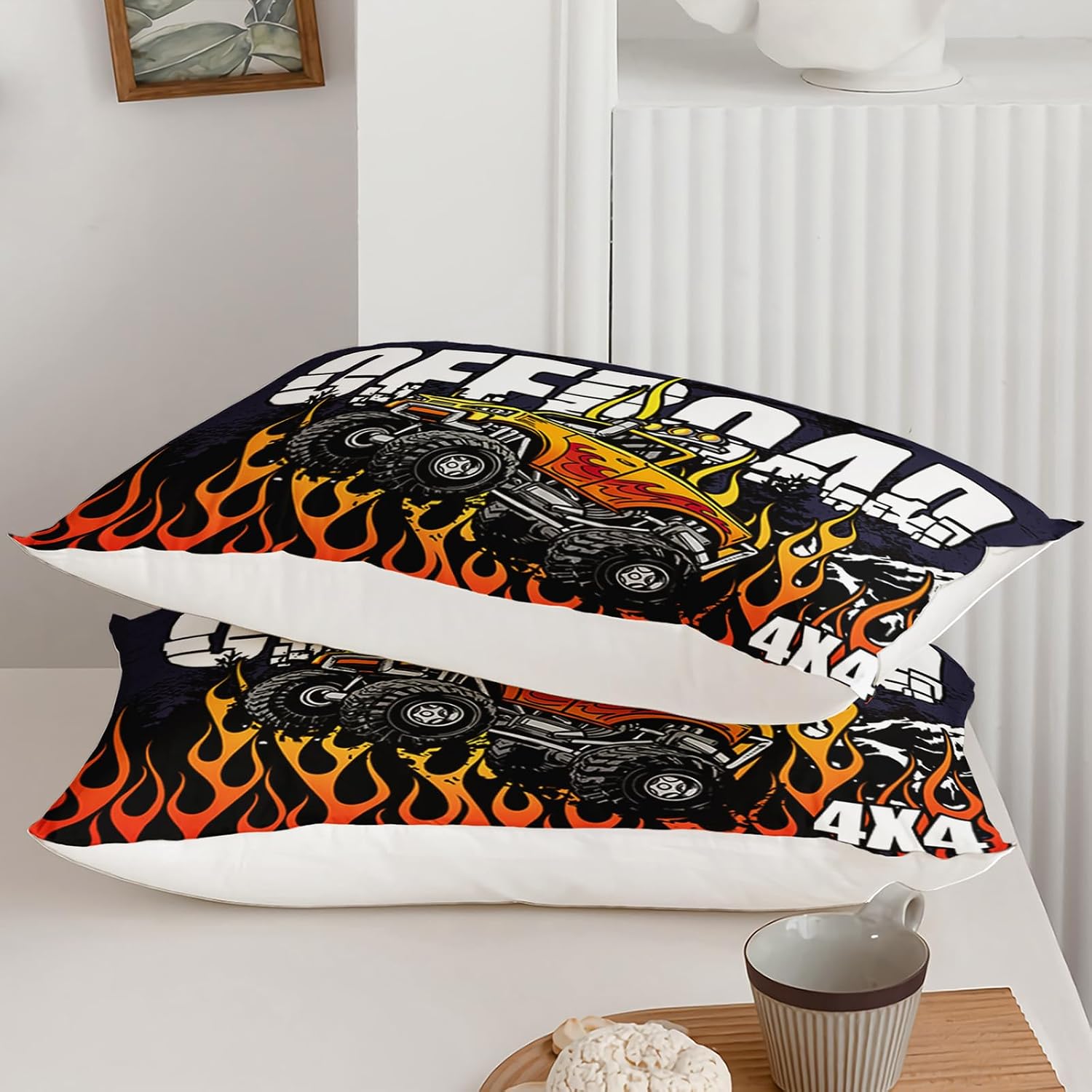 Monster Truck Comforter Set Queen Size, Monster Truck with Fire Pattern Racing Sport Bedding for Boys Teens Adults, Moto Racing Theme Bedding Room Decor