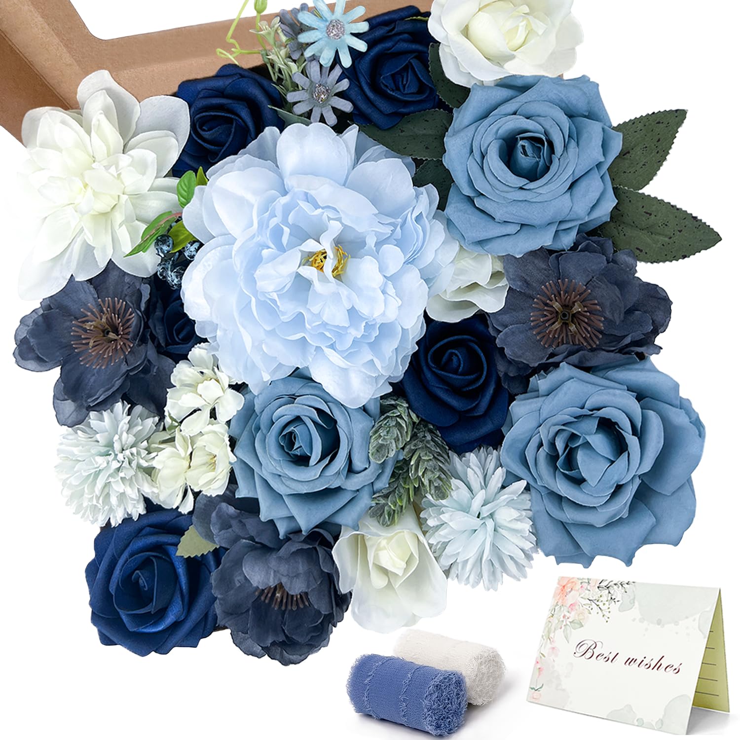Boojarr Blue Artificial Flowers Fake Flowers Silk Peony Roses with Stems Leaves Greenery Combo Box Set for DIY Wedding Bouquets Bridal Shower Centerpieces Floral Arrangements Party Tables Decoration