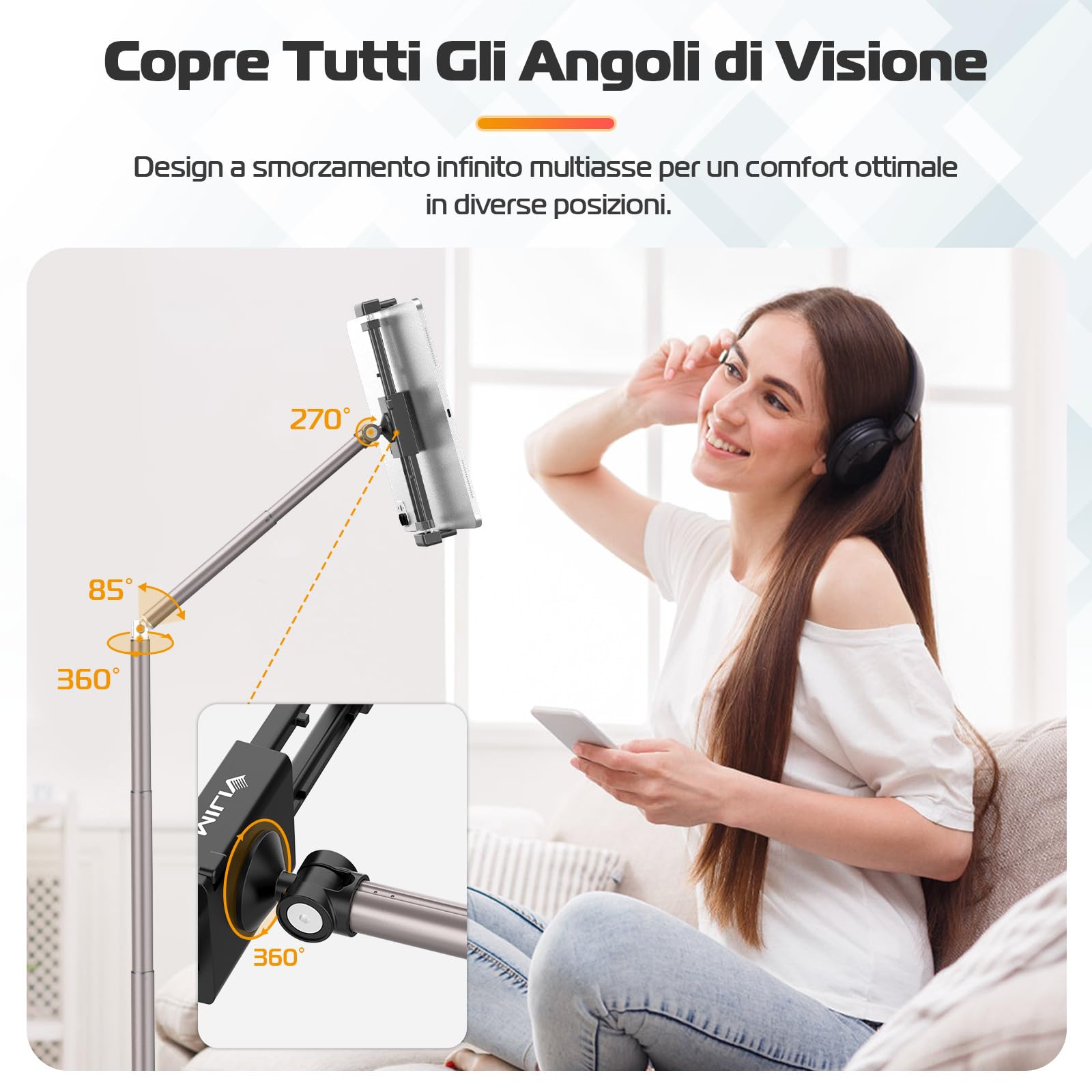 ULANZI Porta Tablet da Letto, TS002 Supporto Tablet Letto Girevole a 360° con Altezza Regolabile, Supporto da Pavimento in metallo, per Tablet e Telefono da 4,5"~12,9"