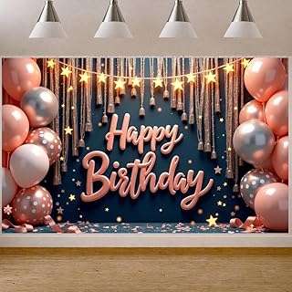 Happy Birthday Banner Backdrop, 72.8"x43.3" Rose Gold & Navy Blue Birthday Decorations for Women Girls, Fabric Glitter Balloon Photography Background for Bachelorette, Anniversary, Party Supplies