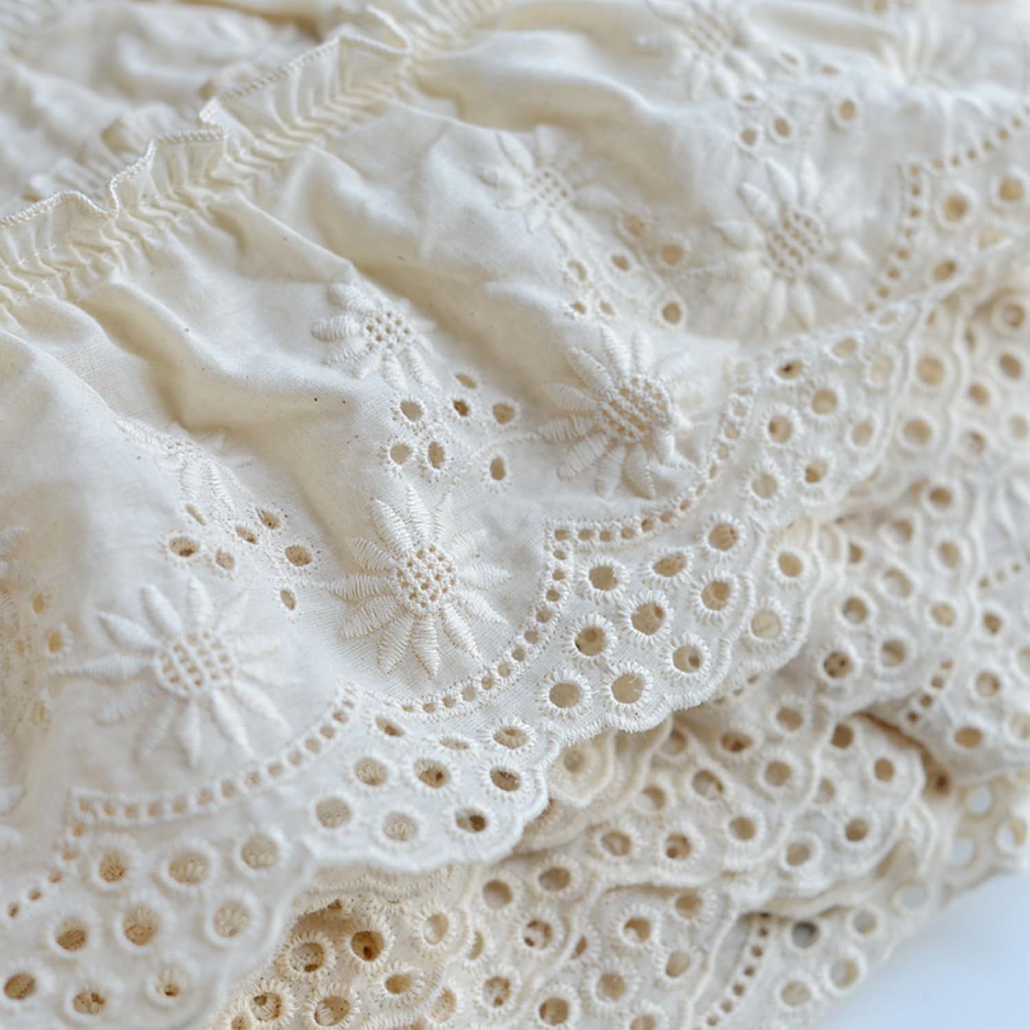 Eyelet Cotton Lace Trim Beige Embroidery Flower Ruffle Ribbon Pleated Edge Trim for Cuffs Skirt Dress Sewing DIY Material, 196.85 inch Length