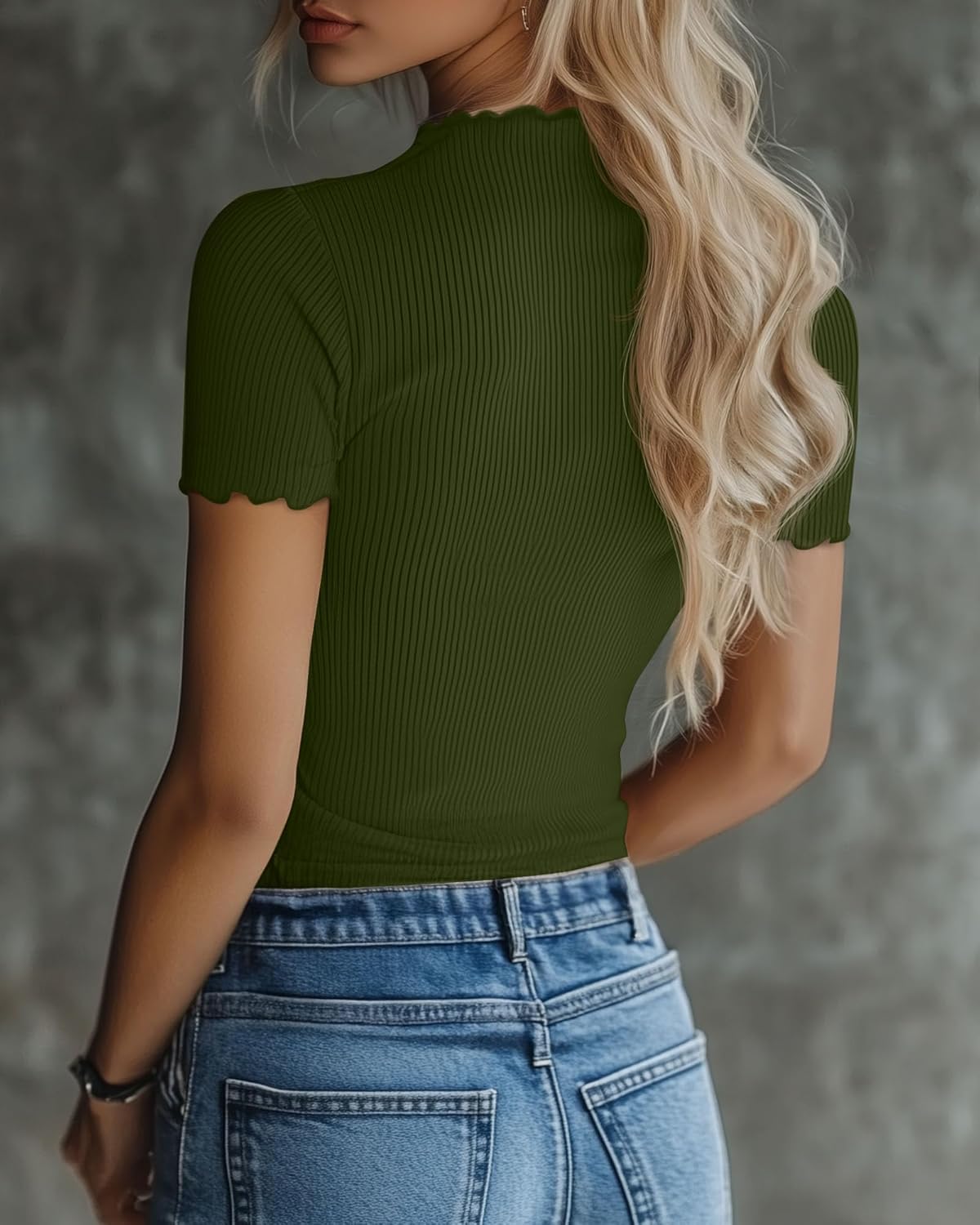 Huukeay 3 Pack Women's Mock Turtleneck Short Sleeve Tops Ribbed Cotton Lettuce Trim T Shirts Slim Fit Casual Base Tee - Image 3