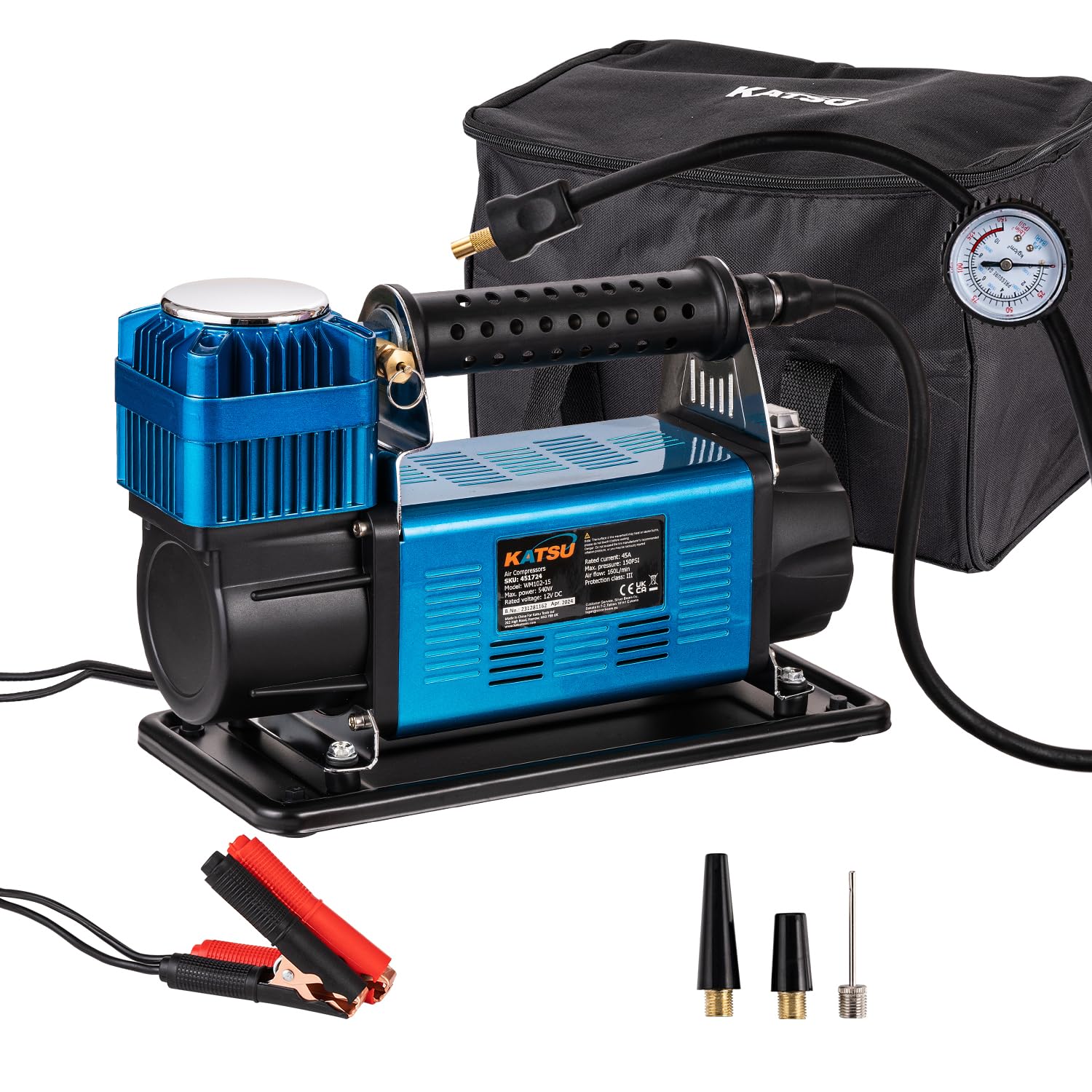 KATSU Tools Profesional Inflador de Neumáticos de Coche, 150 PSI 12V 45Amp Portátil Gran Volumen Bomba de Neumáticos de Compresor de Aire para 4WD Auto Van Camiones Inflables