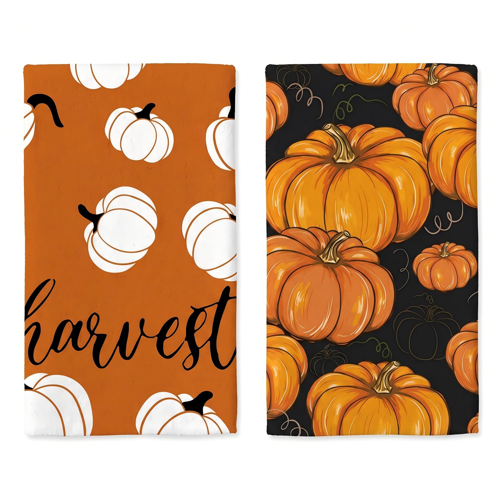 2Pcs Autumn Tea Towels Decorations - Harvest Pumpkin Printed Kitchen Towel