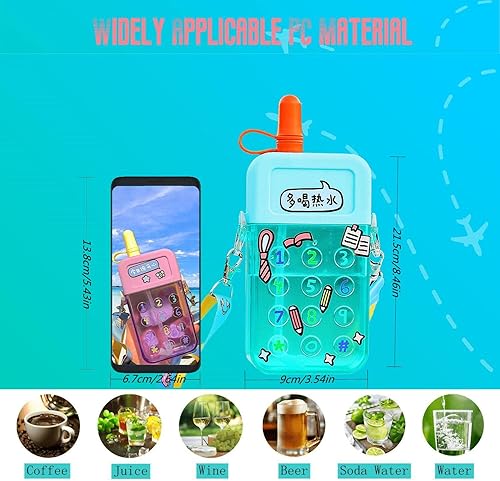 Miniatura 10 de 2 botellas de agua lindas con pajillas, creativas Kawaii en forma de galleta de plástico a prueba de fugas con correa ajustable para el hombro, para