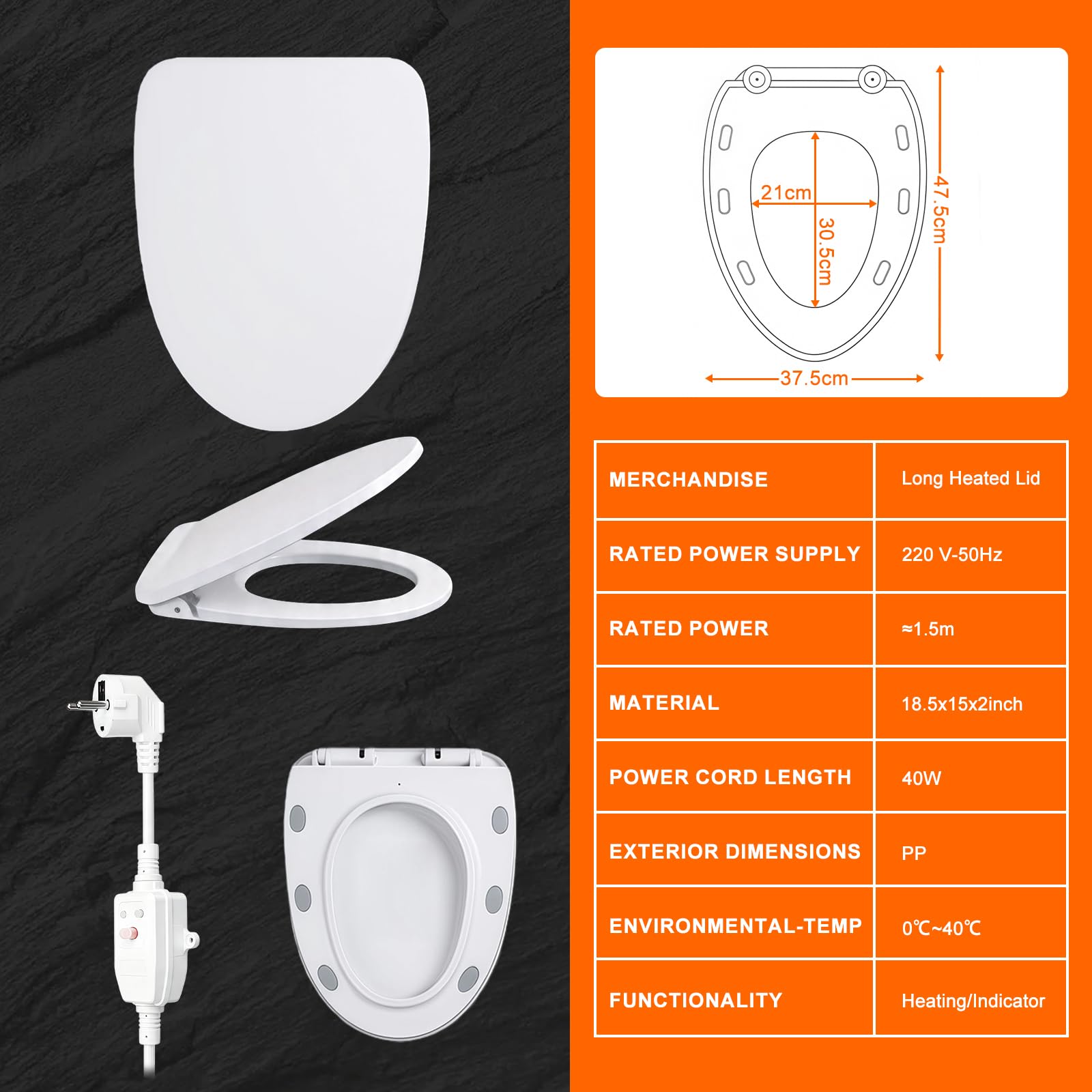 Sedile per WC intelligente, per doccia elettrica, per WC con abbassamento automatico, per WC con sedile riscaldato, 3 impostazioni di temperatura, coperchio intelligente con luce notturna,