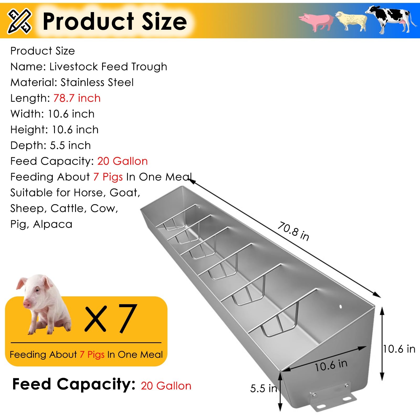 Comedero Grande de Acero Inoxidable para Cerdos - Comedero Duradero para Ganado (Caballos, ovejas, Cerdos) - 78.7" x 10.6" x 10.6" - Ideal para Granjas, Corrales de ovejas y alimentación en