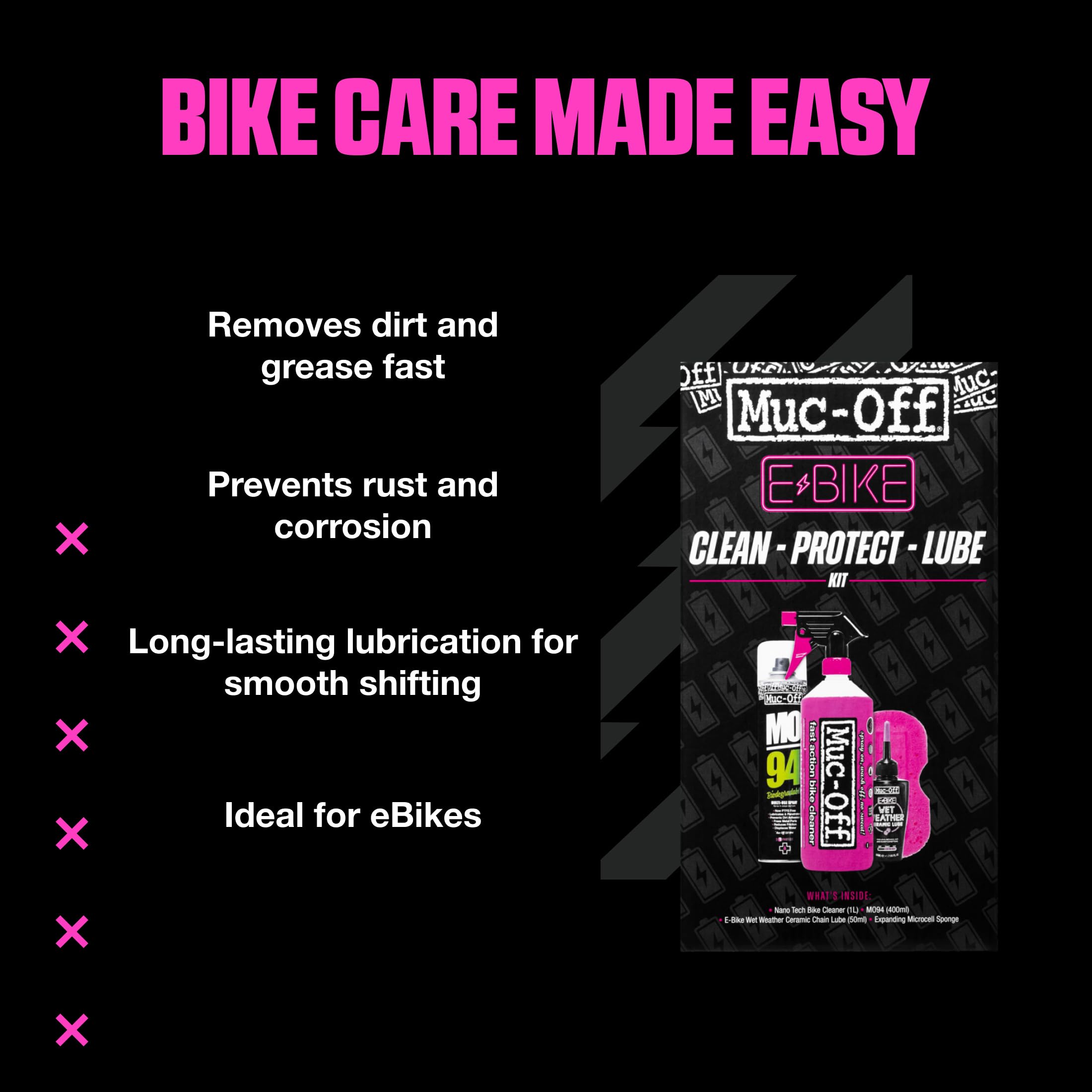Muc Off eBike Clean, Protect & Lube Kit – Essentials zum Reinigen, Schützen und Schmieren Ihres E-Bikes – inklusive Muc-Off Fahrradreiniger, MO-94 und Kettenschmiermittel, Einheitsgröße | E-Bike Reinigungspaket mit Nano Tech Reiniger, MO-94 Spray, Nassket