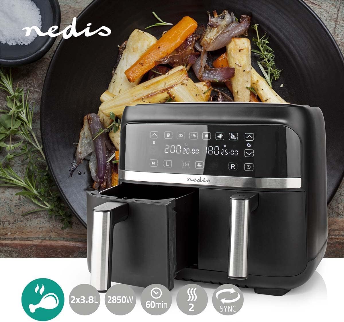 NEDIS KAAFD350EBK - Friggitrice ad aria calda, 2 x 3,8 l, timer: 60 min, digitale, nero NEDIS KAAFD350EBK - Friggitrice ad aria calda, 2 x 3,8 l, timer: 60 min, digitale, nero
