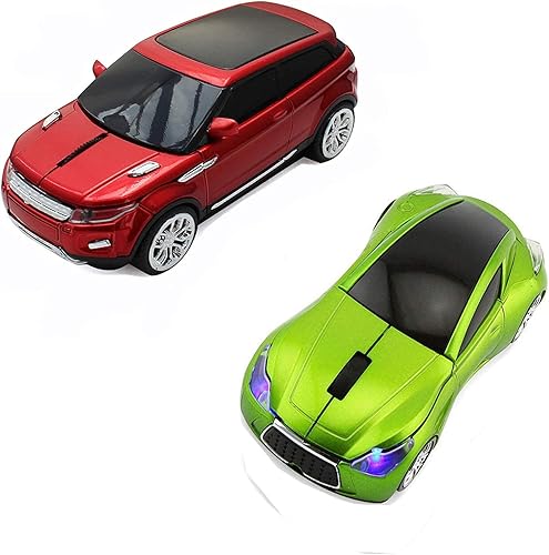 CHUYI Cool Sports - Ratón óptico inalámbrico en forma de coche 3D para viajes de negocios, oficina, hogar, escuela, regalo (1 verde, 1 rojo)